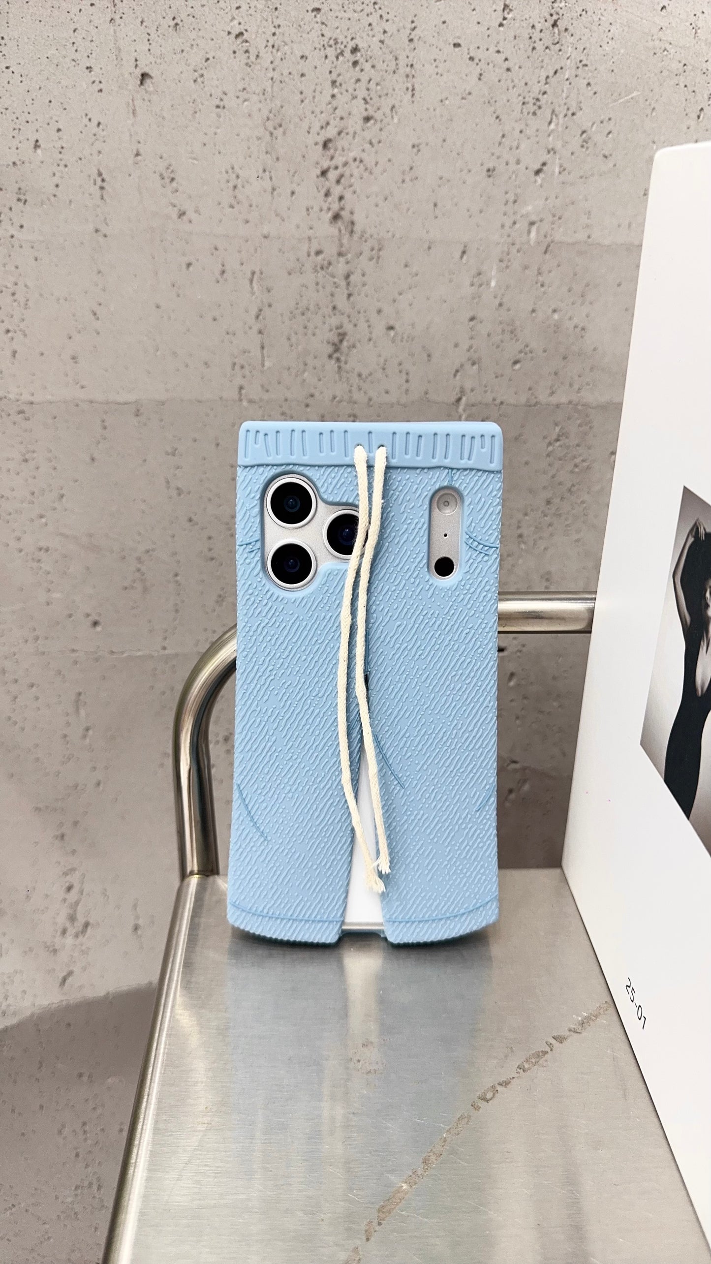 Trendy Blue Pants-Style Phone Case with Cute Drawstring Design