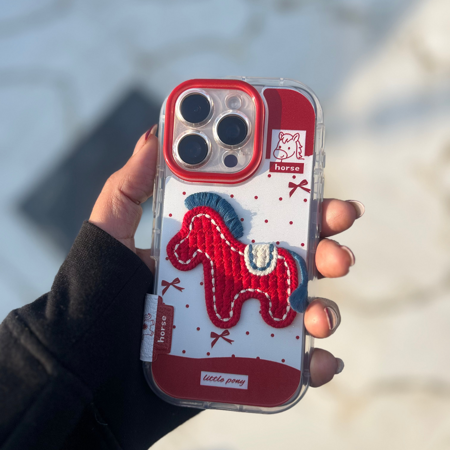 Red Pony Horse Embroidered iPhone Case with Camera Guard