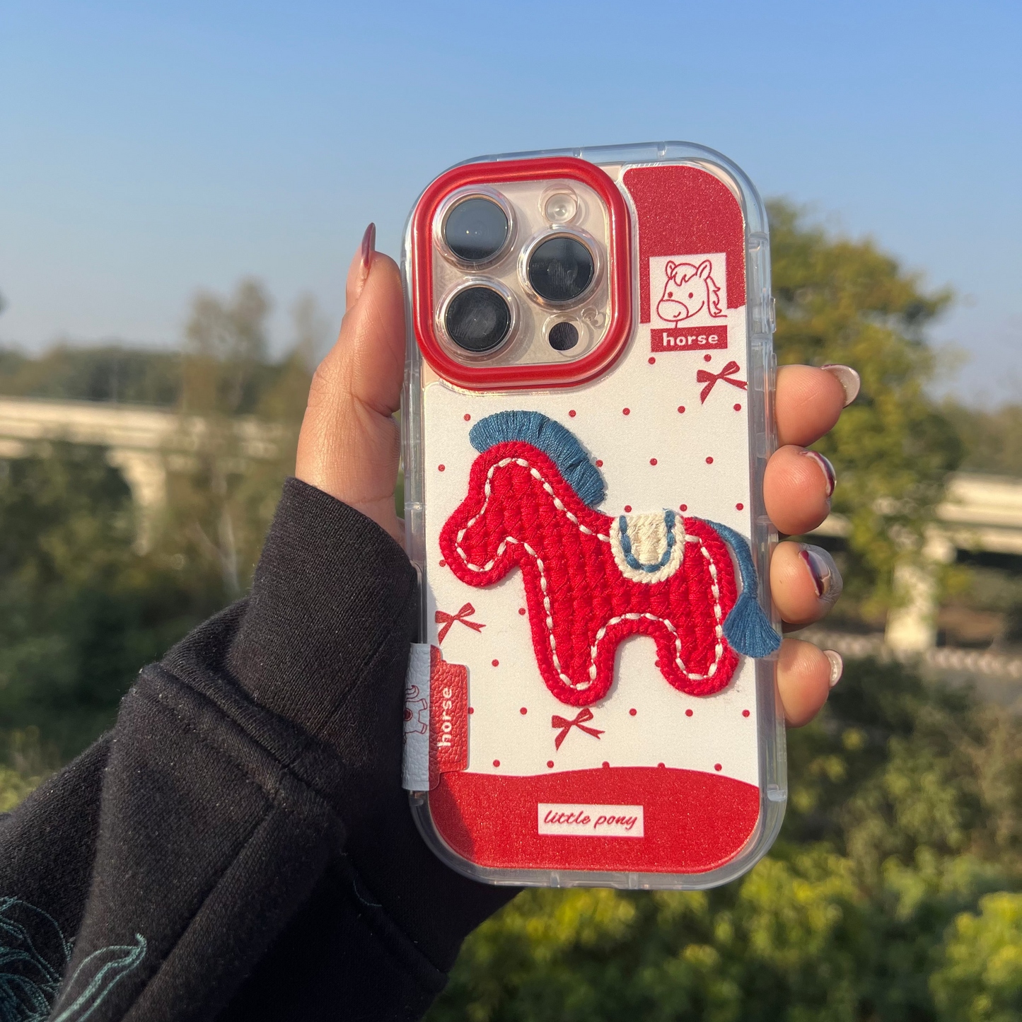 Red Pony Horse Embroidered iPhone Case with Camera Guard