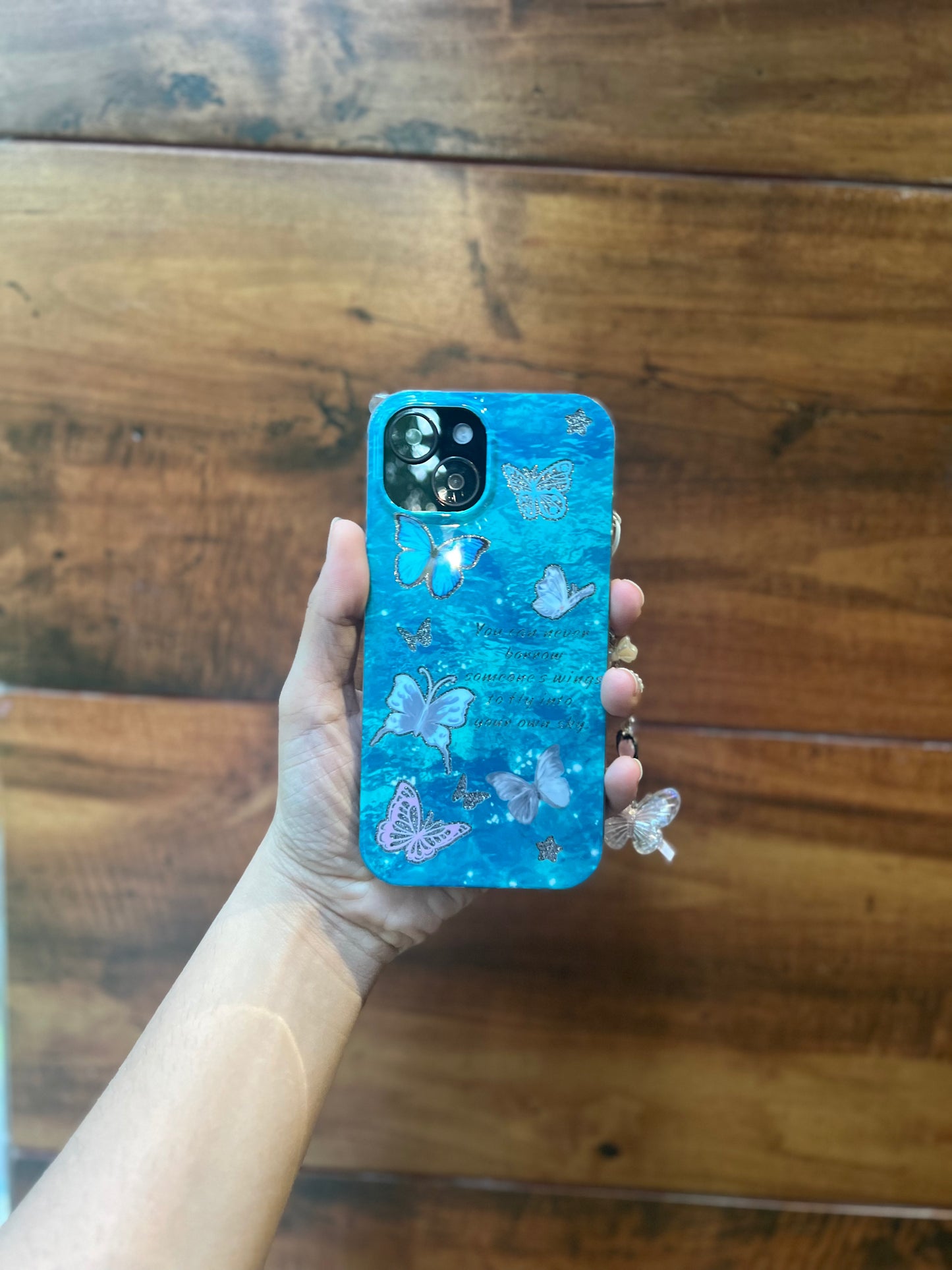 Elegant Glossy Butterfly Phone Case with Bracelet Charm – Protective & Stylish