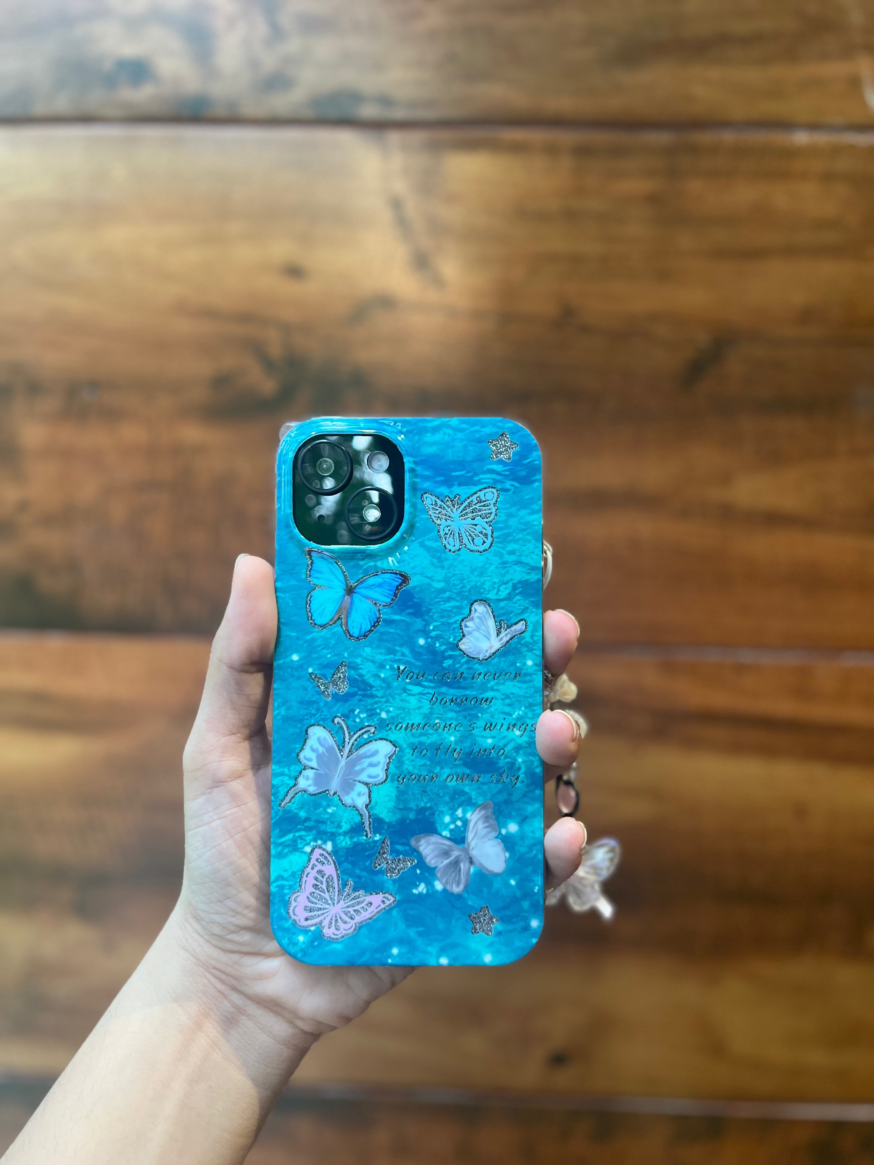 Elegant Glossy Butterfly Phone Case with Bracelet Charm – Protective & Stylish