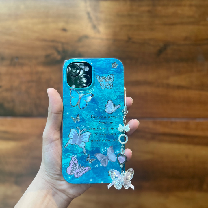 Elegant Glossy Butterfly Phone Case with Bracelet Charm – Protective & Stylish