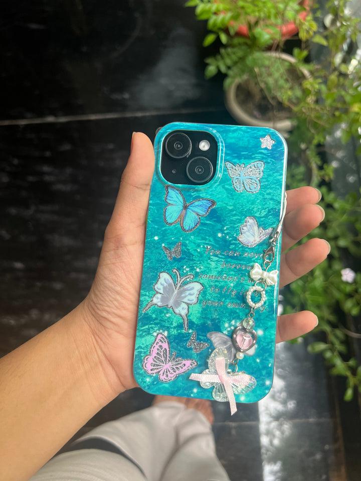 Elegant Glossy Butterfly Phone Case with Bracelet Charm – Protective & Stylish