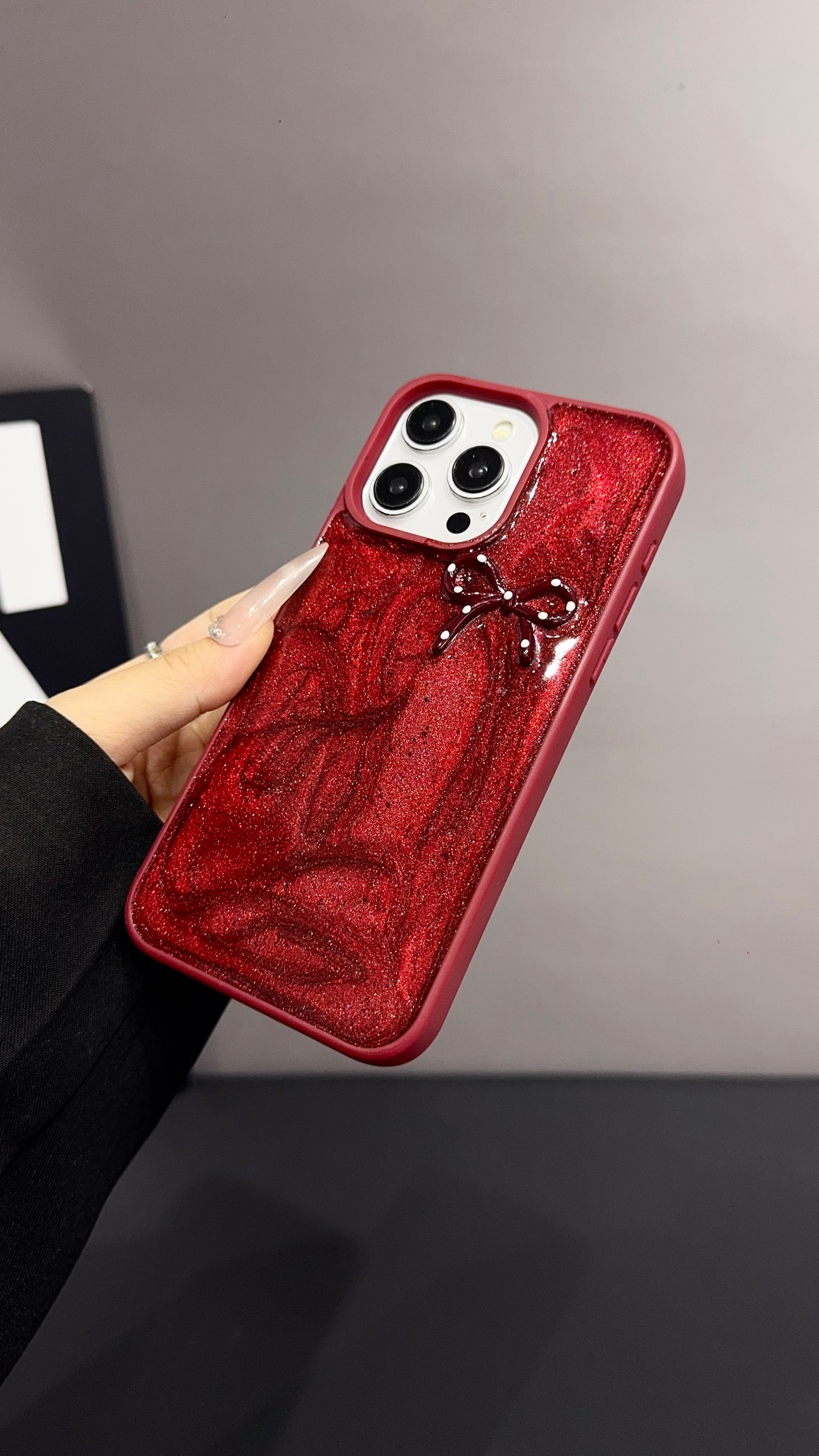 Red Ruby Bow iPhone Case – Glossy Protective Cover with 3D Bow Design