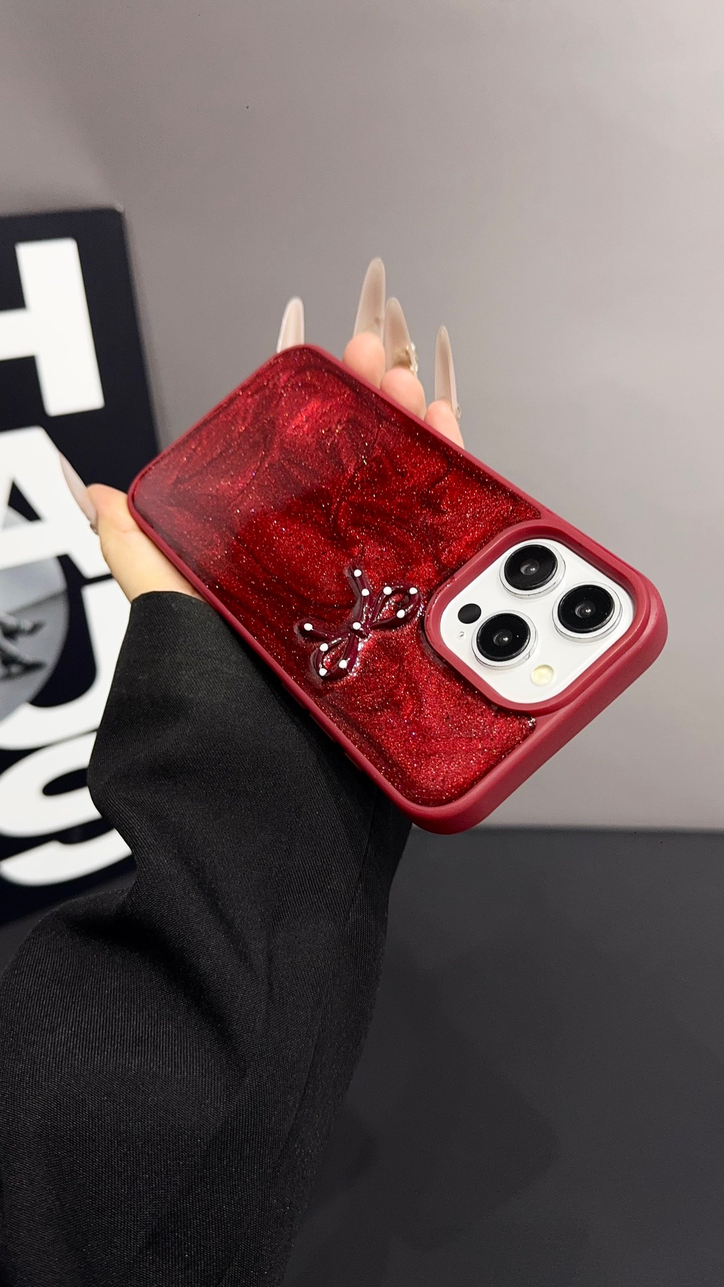 Red Ruby Bow iPhone Case – Glossy Protective Cover with 3D Bow Design