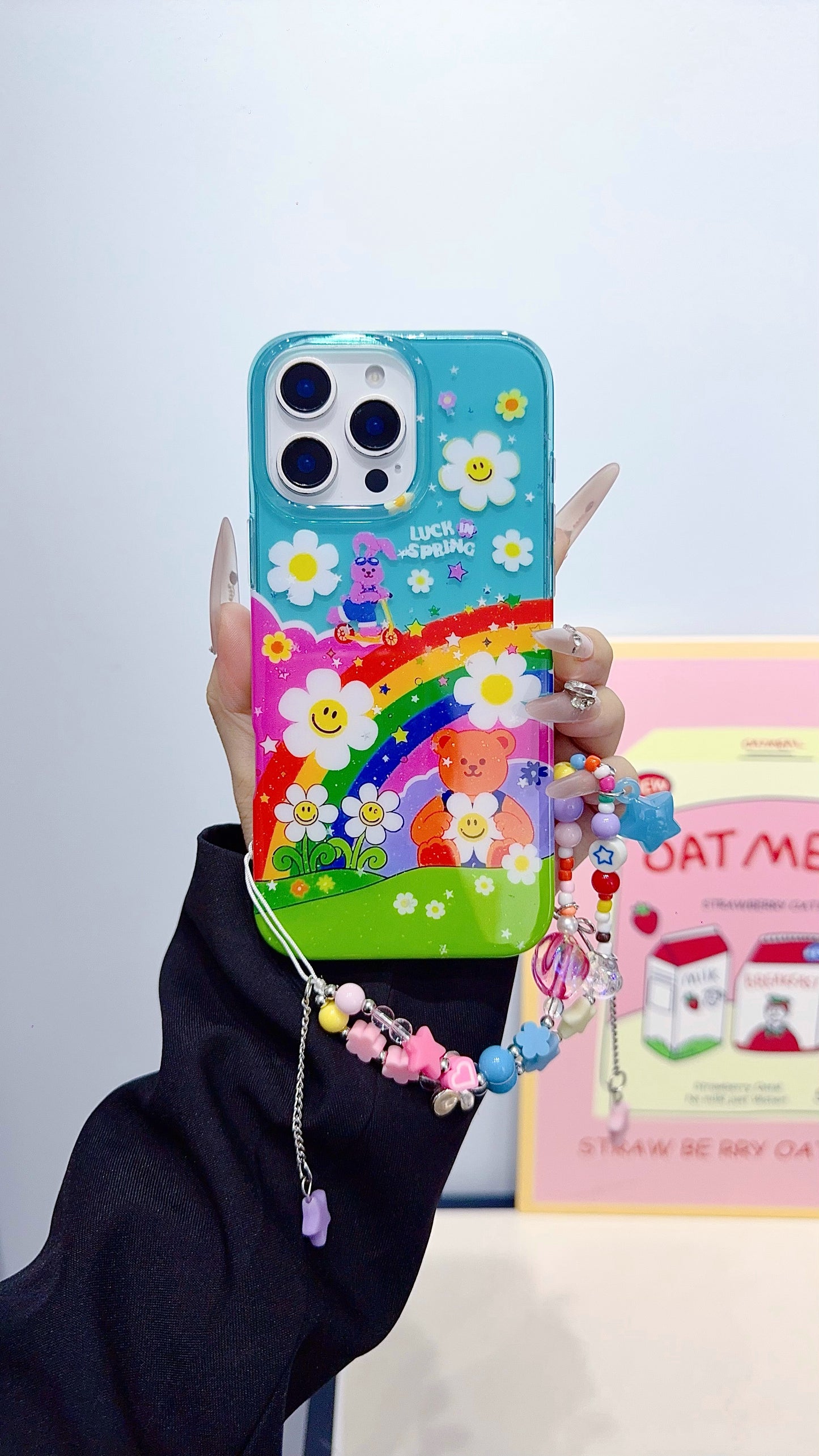 Colorful Rainbow Cartoon iPhone Case with Beaded Charm Strap