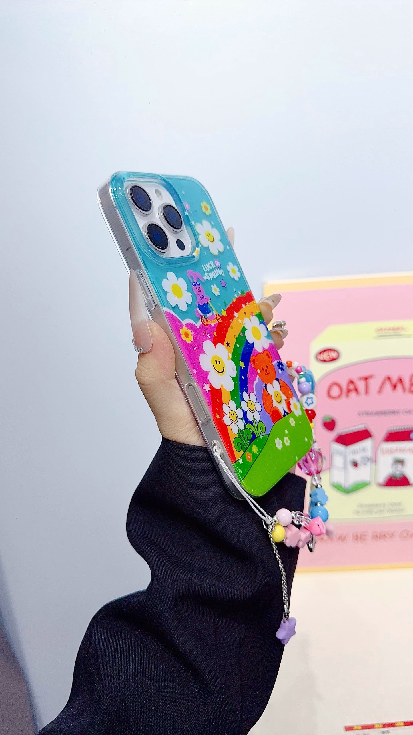 Colorful Rainbow Cartoon iPhone Case with Beaded Charm Strap