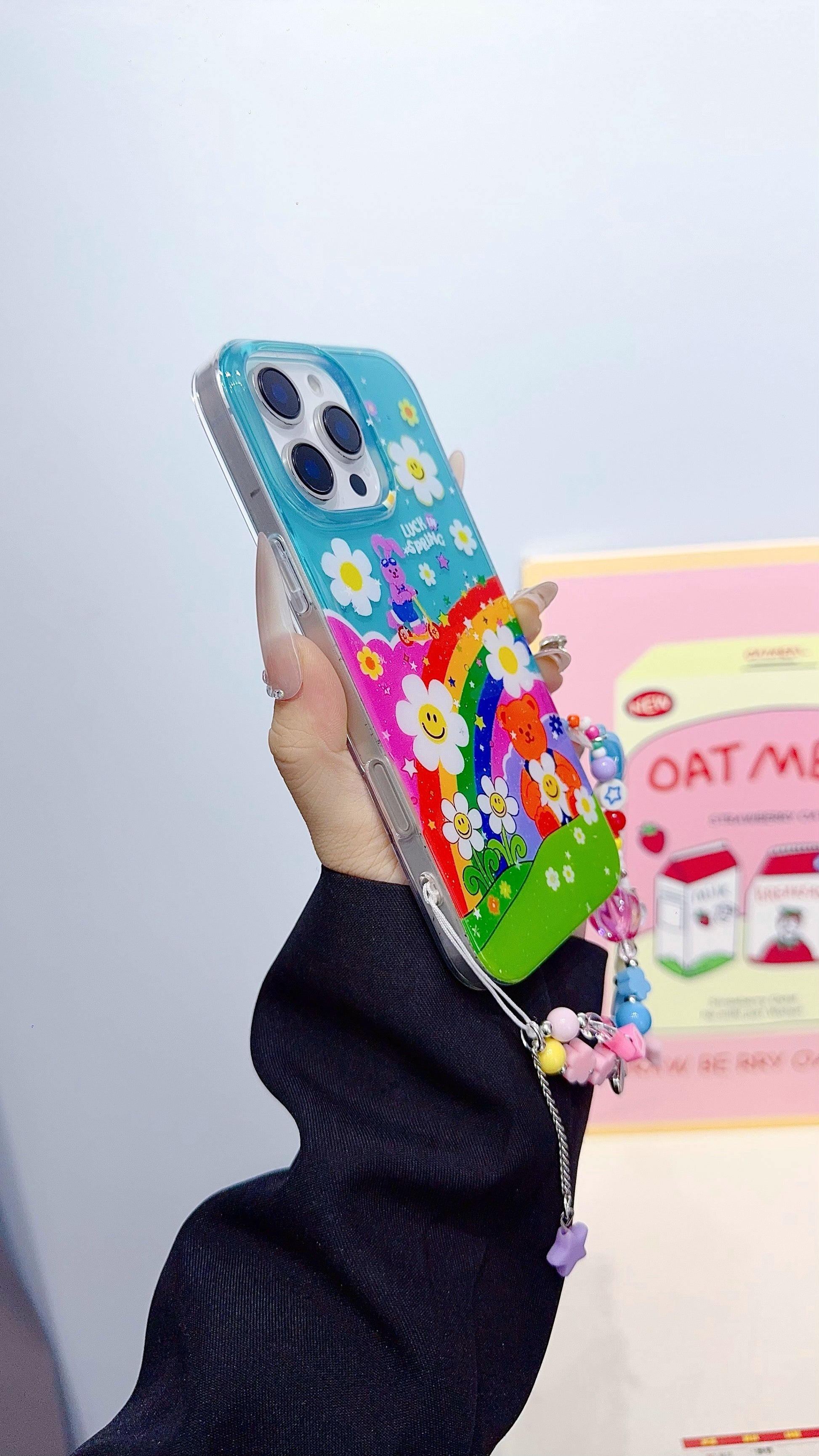 Colorful Rainbow Cartoon iPhone Case with Beaded Charm Strap