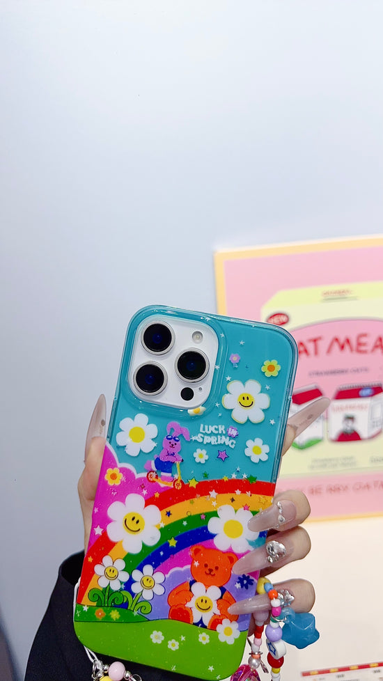 Colorful Rainbow Cartoon iPhone Case with Beaded Charm Strap