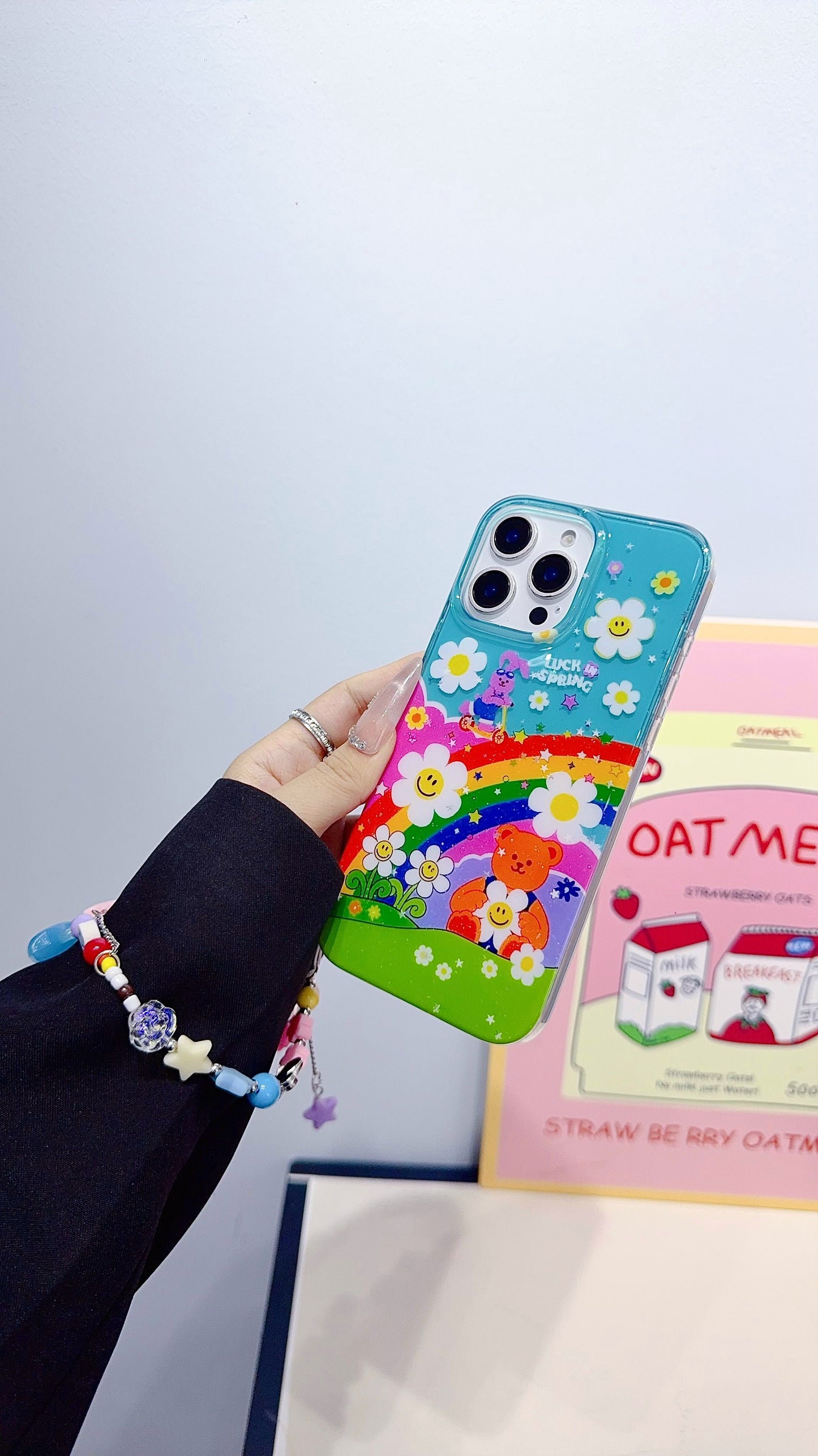 Colorful Rainbow Cartoon iPhone Case with Beaded Charm Strap