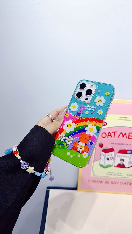 Colorful Rainbow Cartoon iPhone Case with Beaded Charm Strap