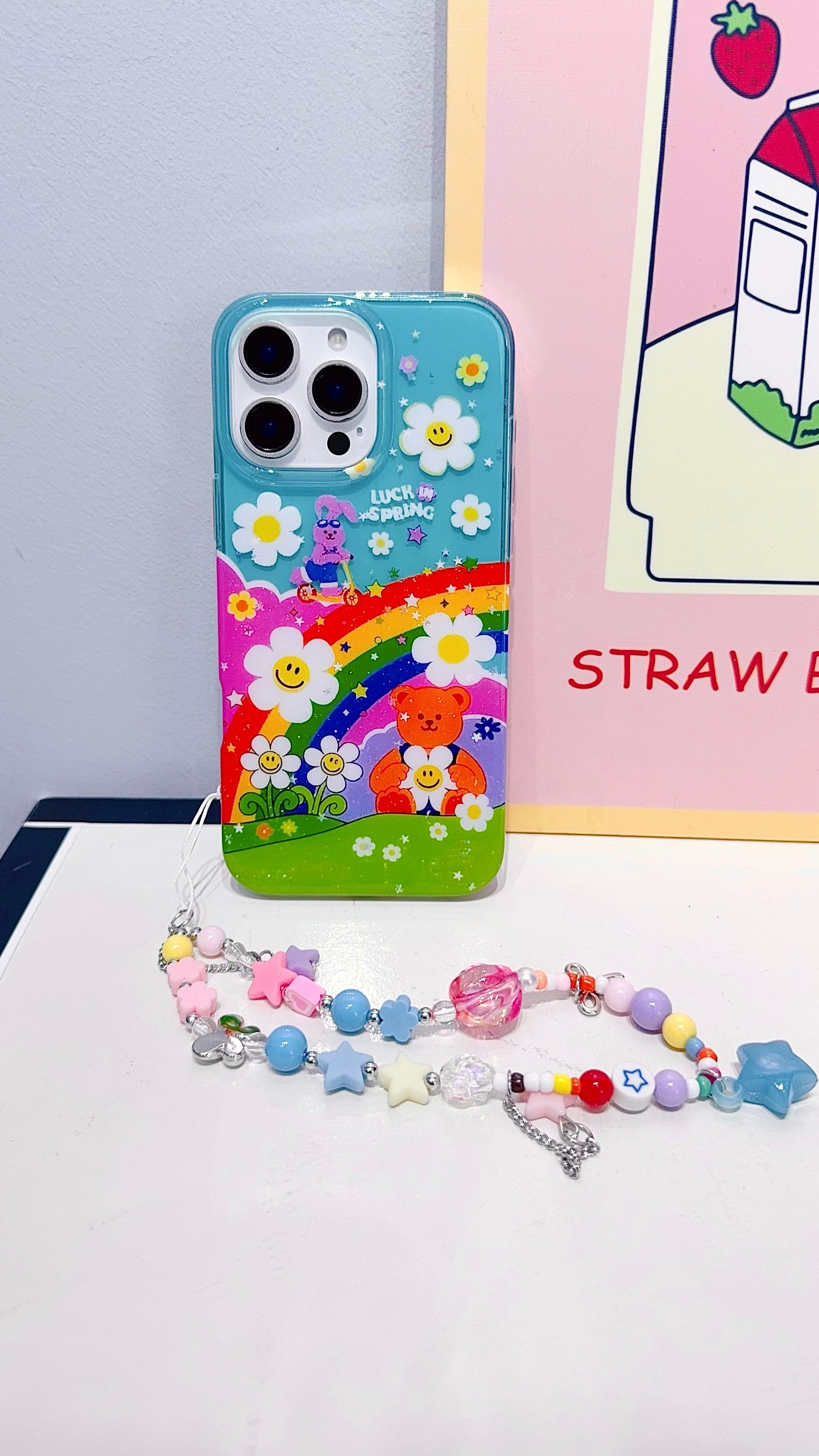 Colorful Rainbow Cartoon iPhone Case with Beaded Charm Strap
