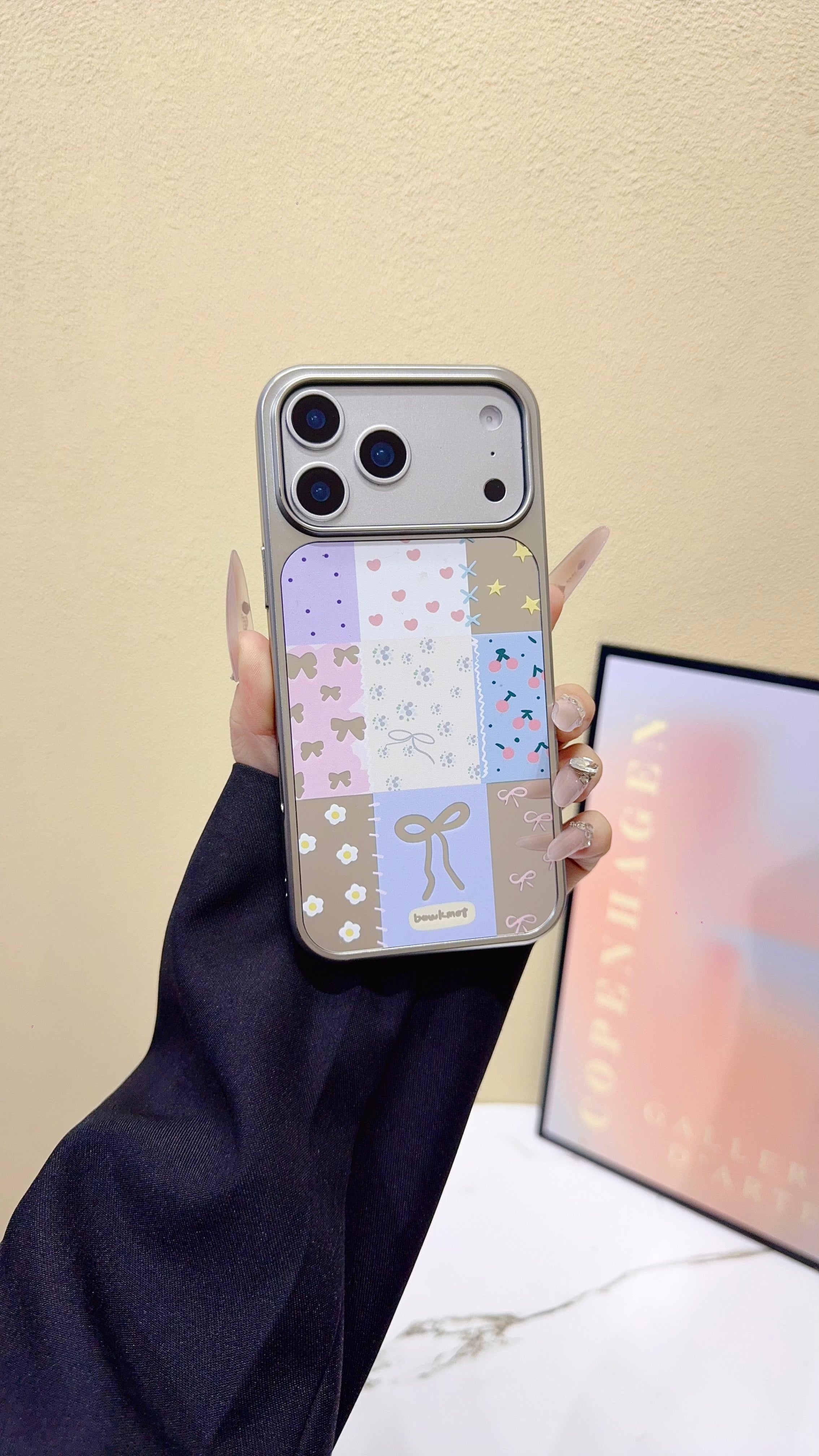 Chic Patchwork Bow & Butterfly Pastel Phone Case – Stylish Glossy Cover