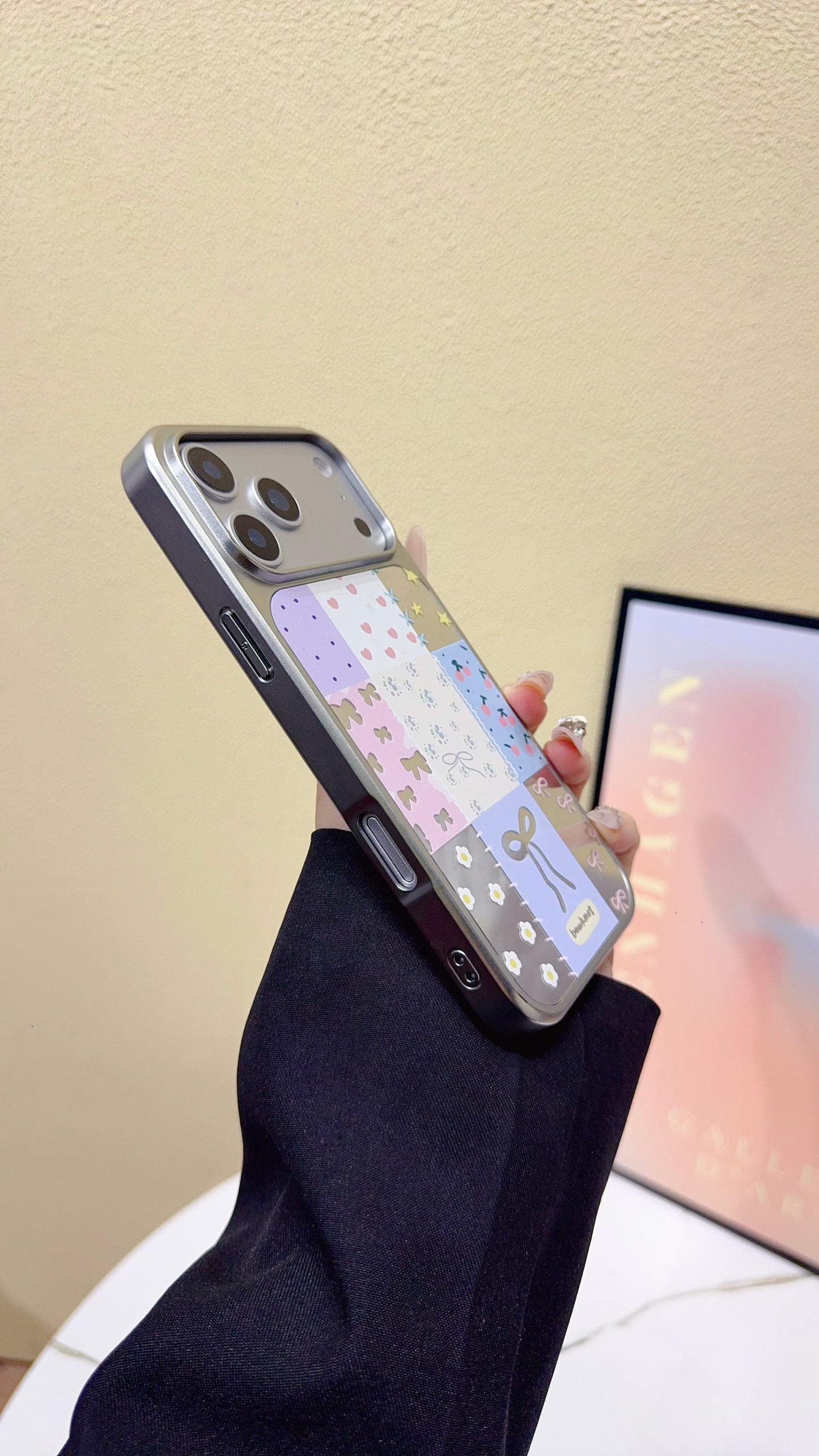 Chic Patchwork Bow & Butterfly Pastel Phone Case – Stylish Glossy Cover