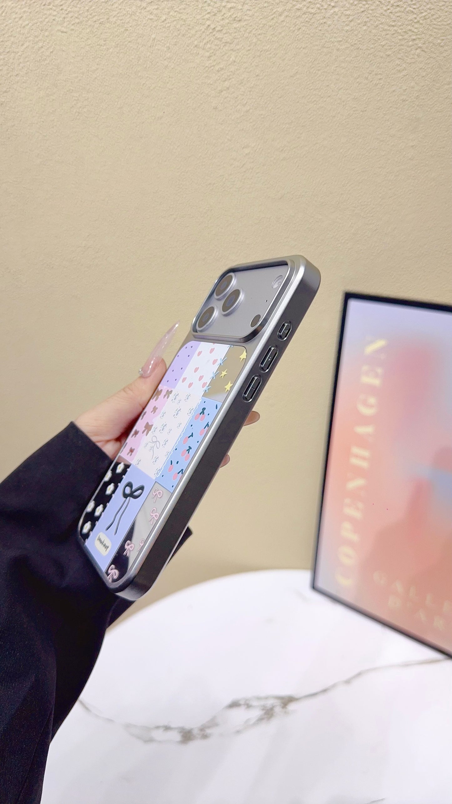 Chic Patchwork Bow & Butterfly Pastel Phone Case – Stylish Glossy Cover