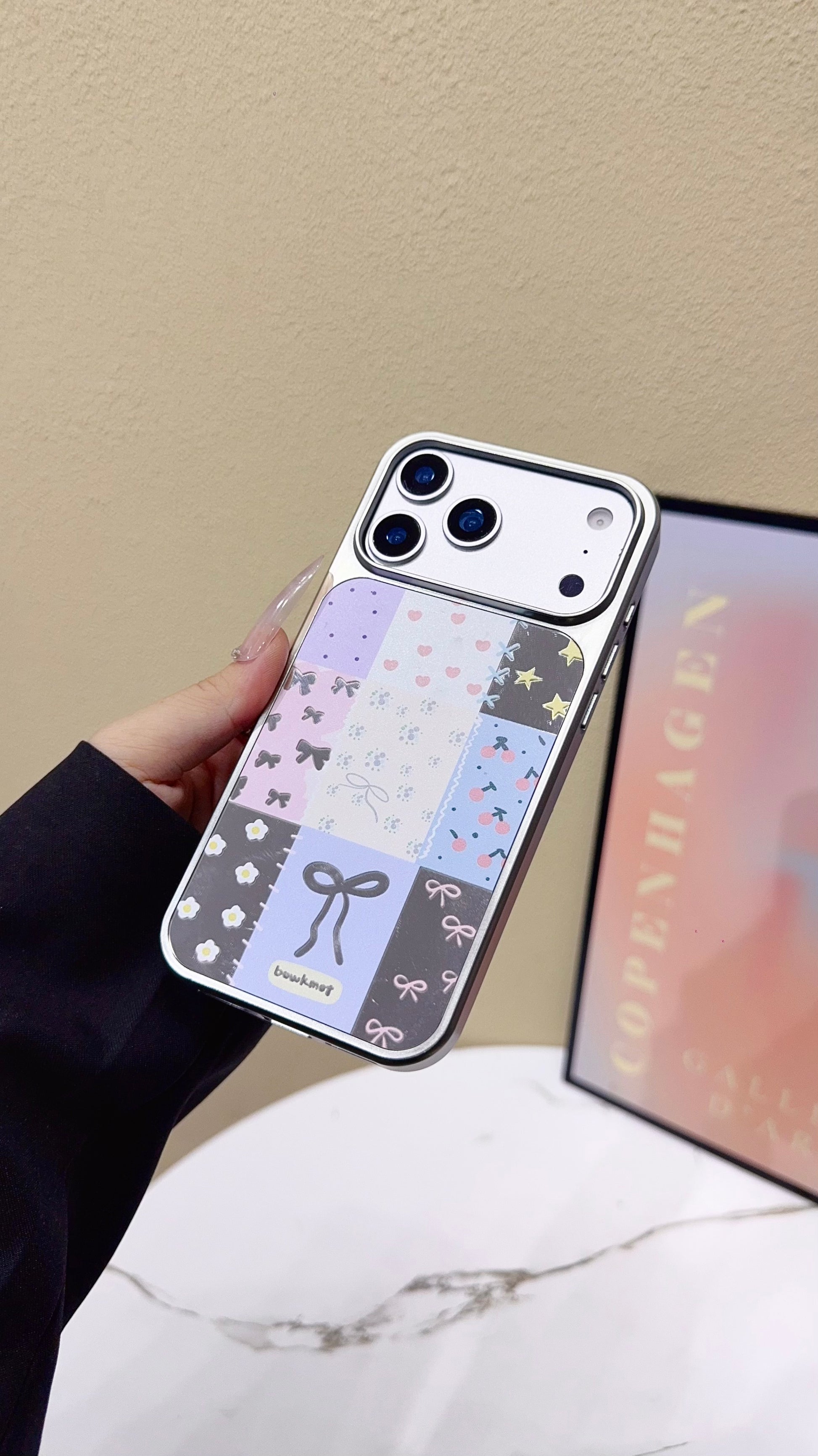 Chic Patchwork Bow & Butterfly Pastel Phone Case – Stylish Glossy Cover