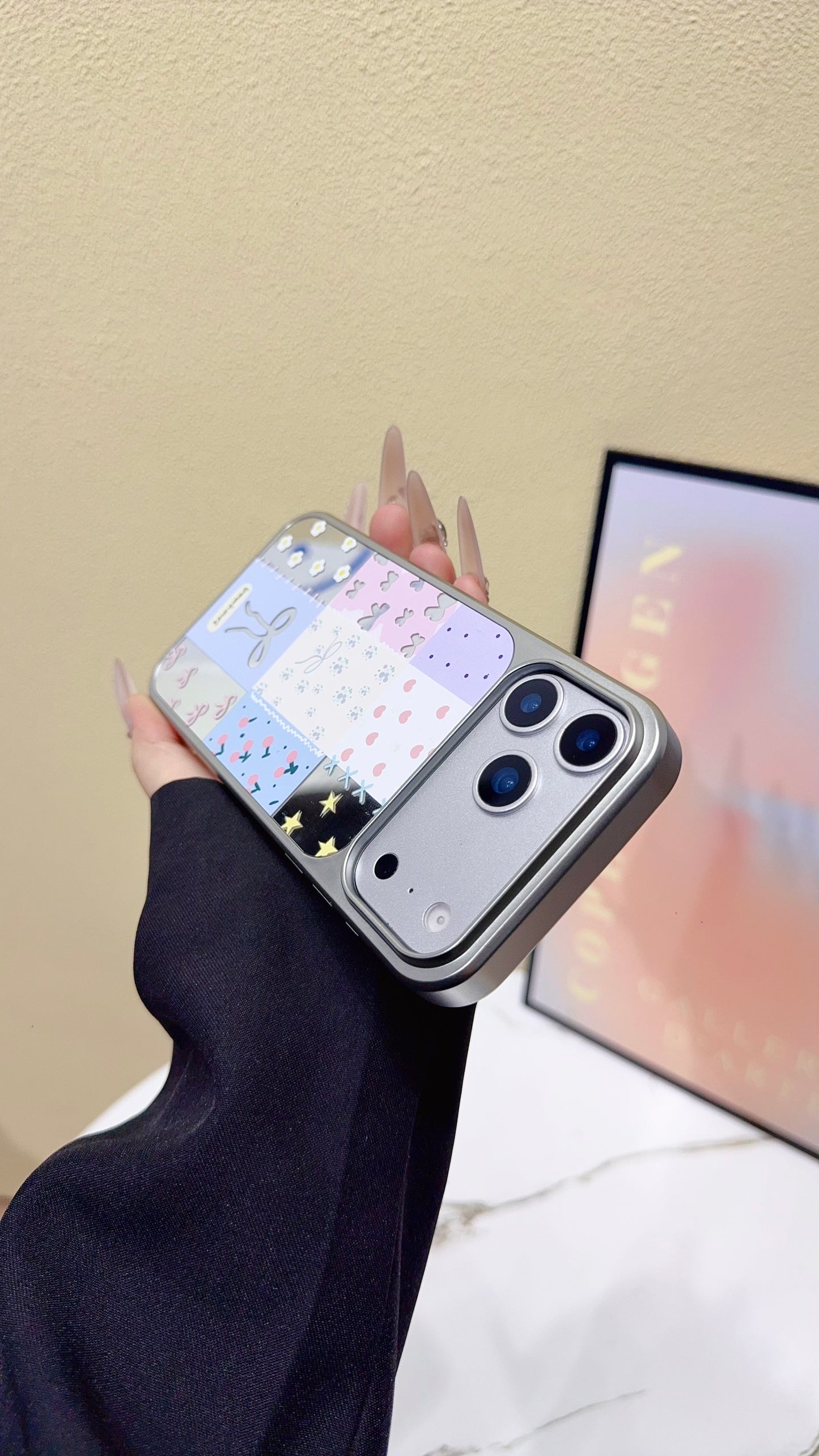 Chic Patchwork Bow & Butterfly Pastel Phone Case – Stylish Glossy Cover