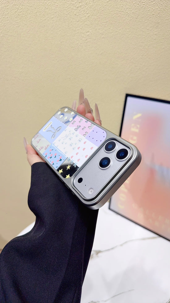 Chic Patchwork Bow & Butterfly Pastel Phone Case – Stylish Glossy Cover