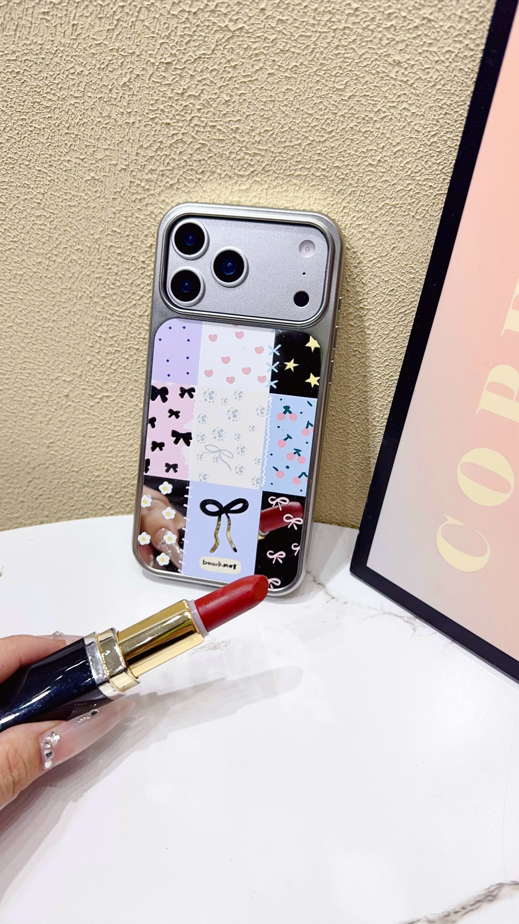 Chic Patchwork Bow & Butterfly Pastel Phone Case – Stylish Glossy Cover