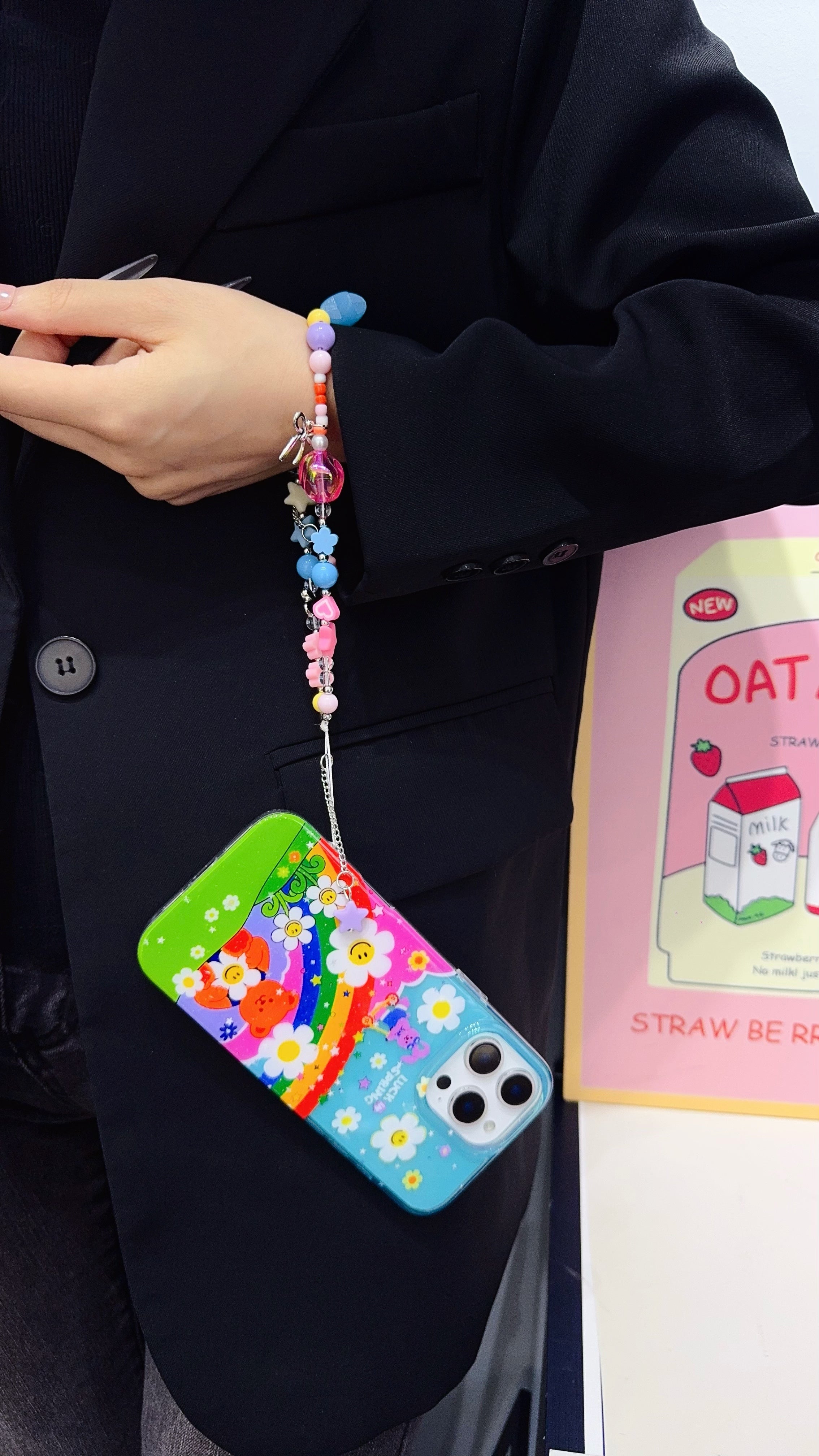 Colorful Rainbow Cartoon iPhone Case with Beaded Charm Strap