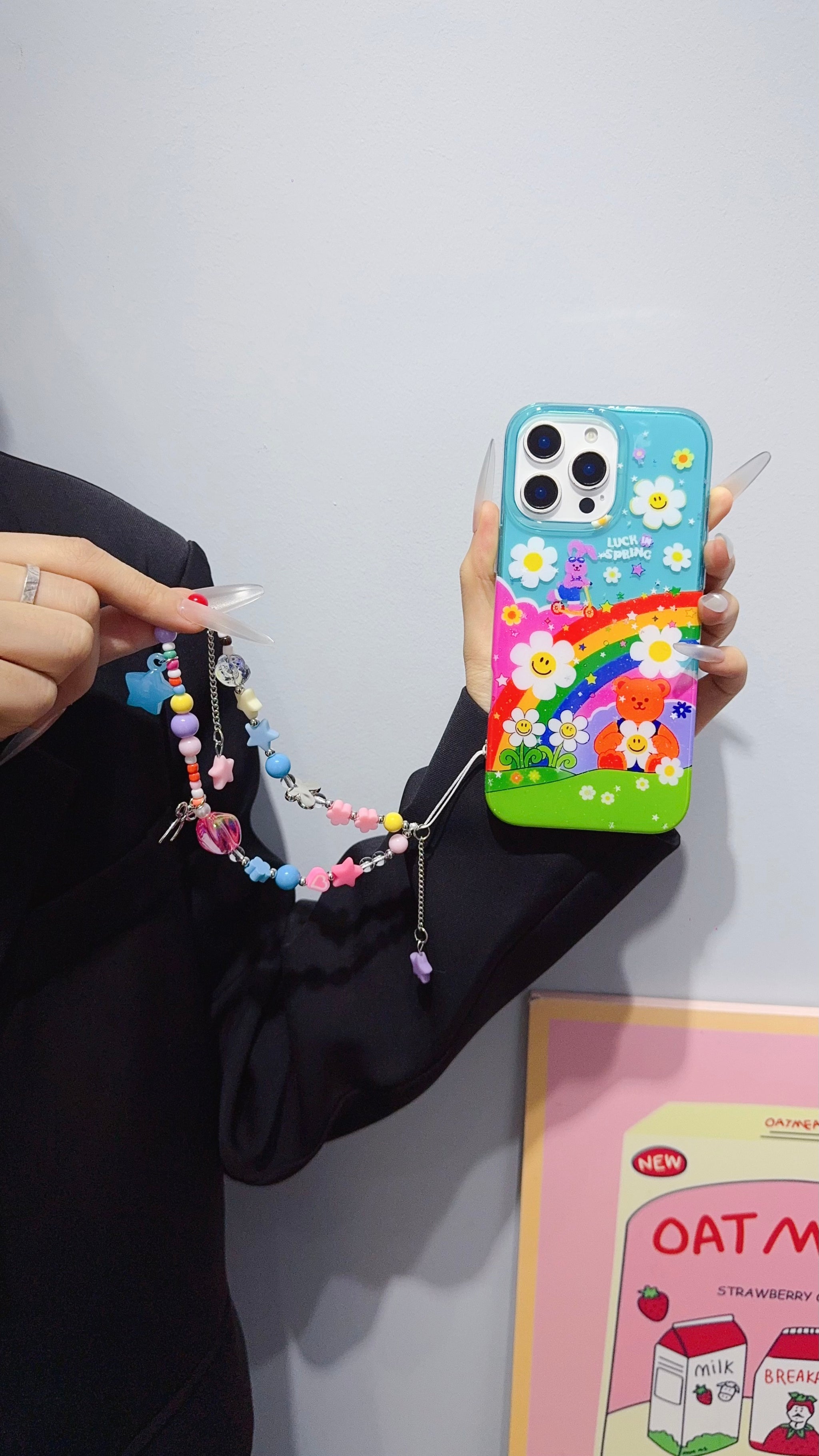 Colorful Rainbow Cartoon iPhone Case with Beaded Charm Strap