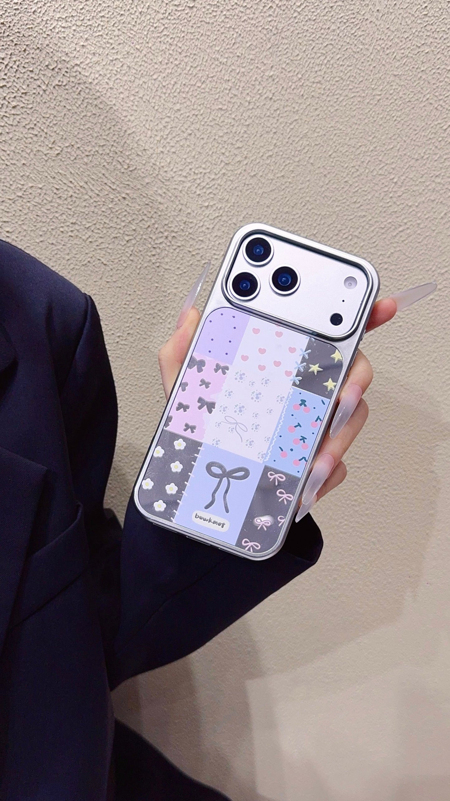 Chic Patchwork Bow & Butterfly Pastel Phone Case – Stylish Glossy Cover