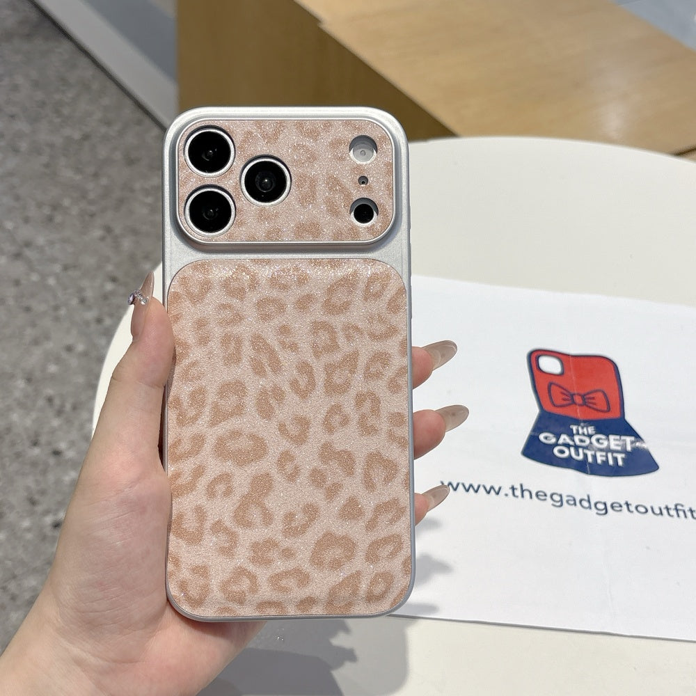 Blush Safari Sparkle iPhone Case with Matching Wrist Strap – Chic Glitter Leopard Design