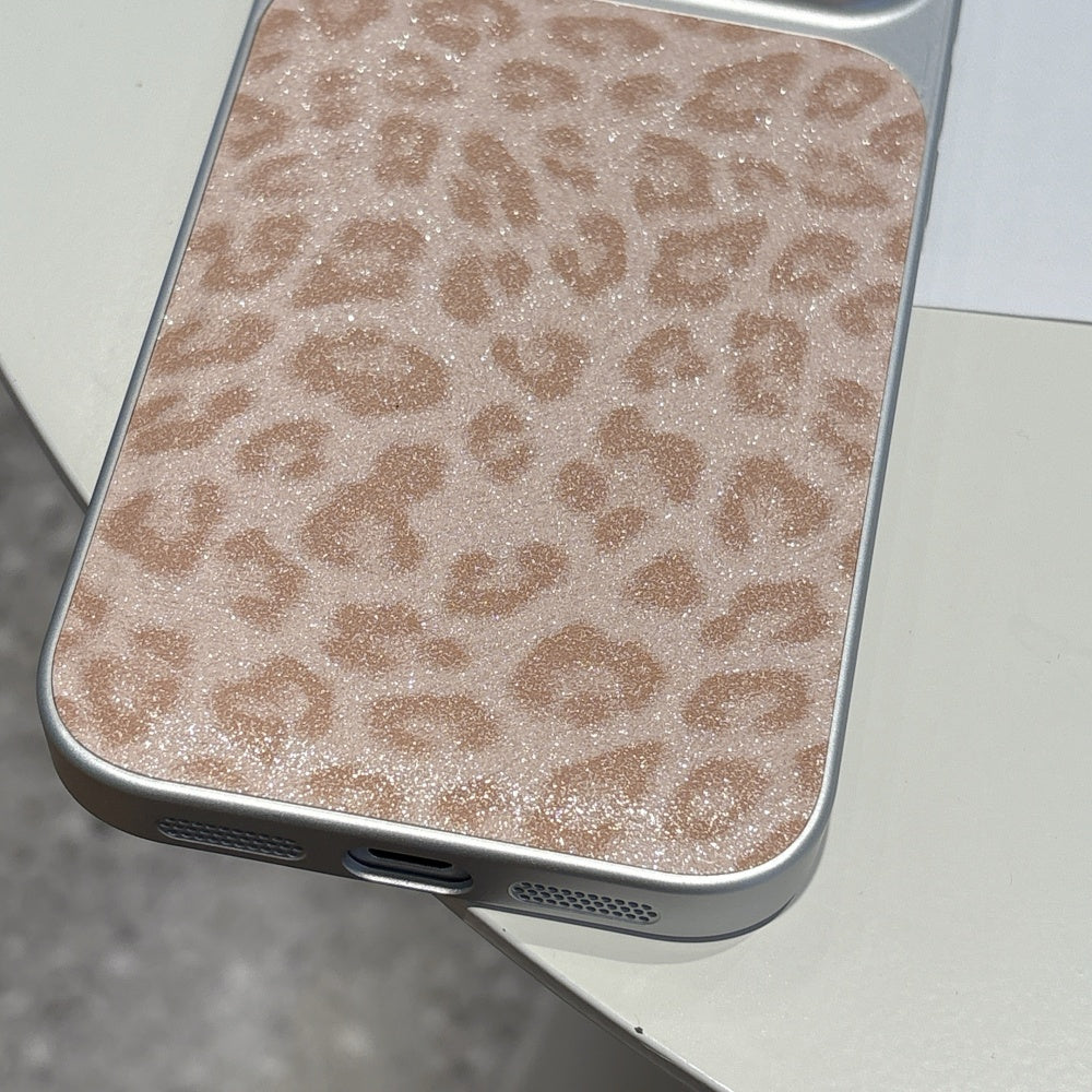Blush Safari Sparkle iPhone Case with Matching Wrist Strap – Chic Glitter Leopard Design
