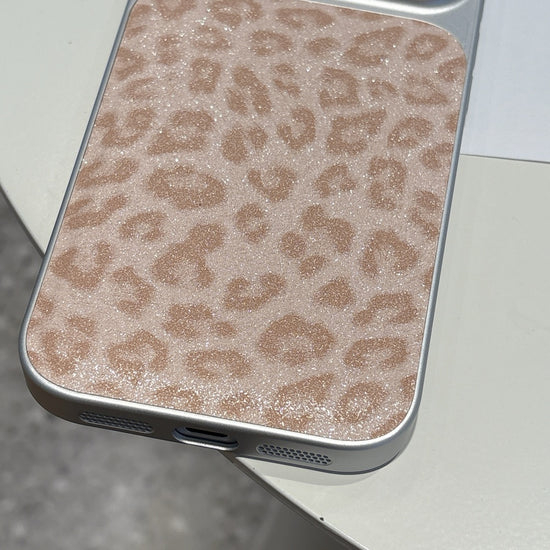 Blush Safari Sparkle iPhone Case with Matching Wrist Strap – Chic Glitter Leopard Design