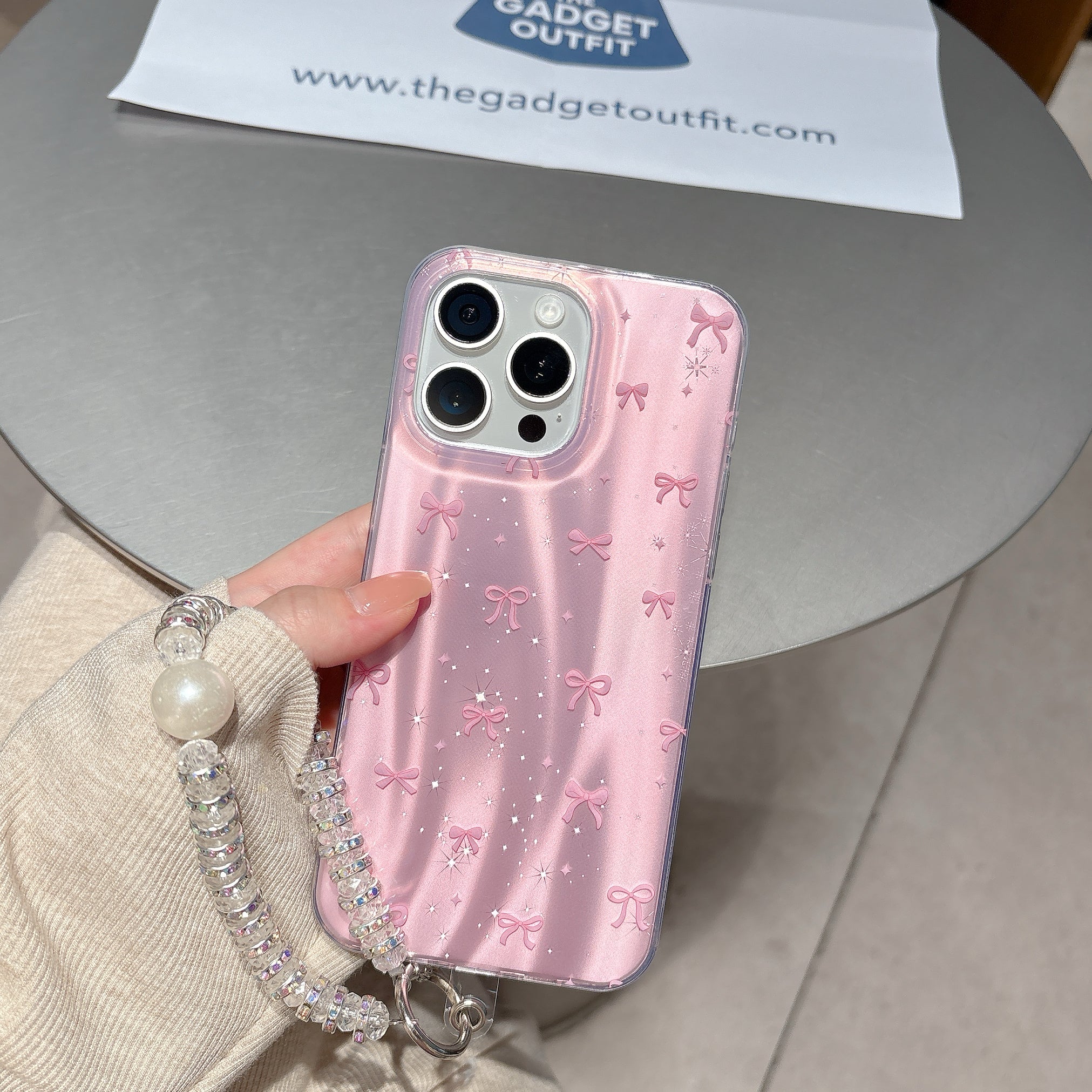 Super Cute Pink Bow iPhone Case with Sparkle Finish & Pearl Charm – Stylish & Trendy Look