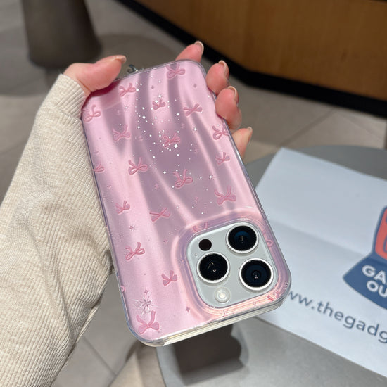 Super Cute Pink Bow iPhone Case with Sparkle Finish & Pearl Charm – Stylish & Trendy Look
