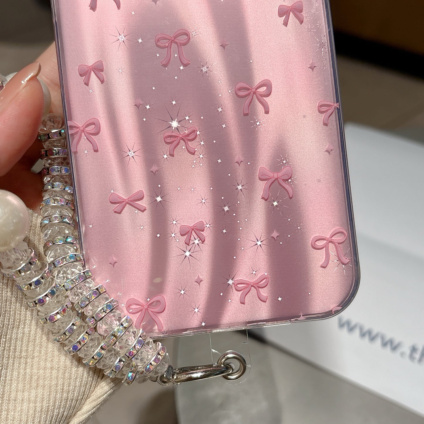 Super Cute Pink Bow iPhone Case with Sparkle Finish & Pearl Charm – Stylish & Trendy Look