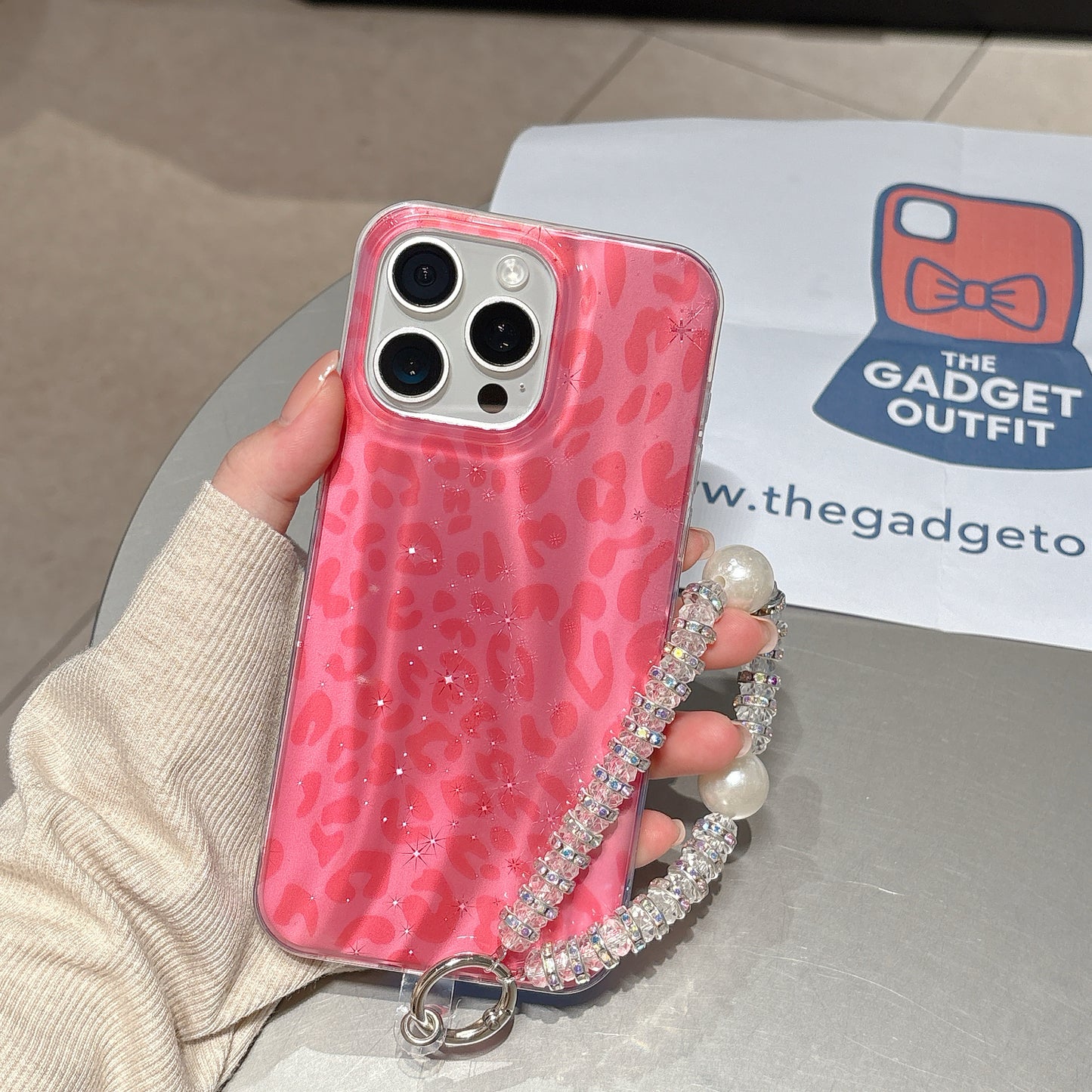 Trendy Pink Leopard iPhone Case with Shine Effect & Pearl Handle Strap