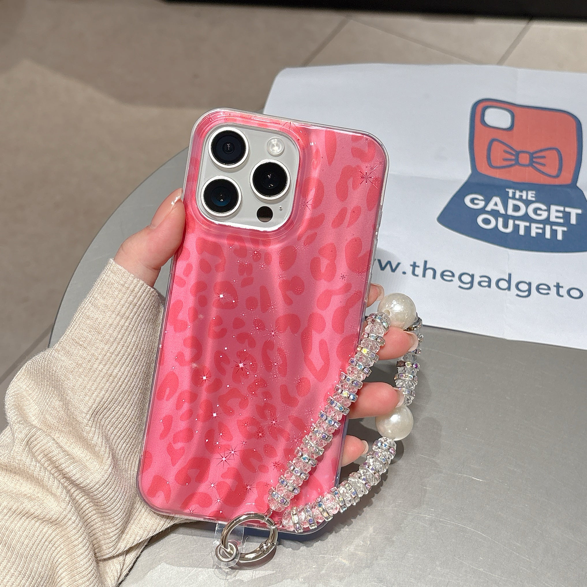 Trendy Pink Leopard iPhone Case with Shine Effect & Pearl Handle Strap