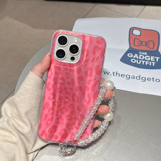 Trendy Pink Leopard iPhone Case with Shine Effect & Pearl Handle Strap