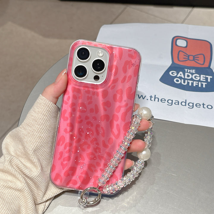 Trendy Pink Leopard iPhone Case with Shine Effect & Pearl Handle Strap