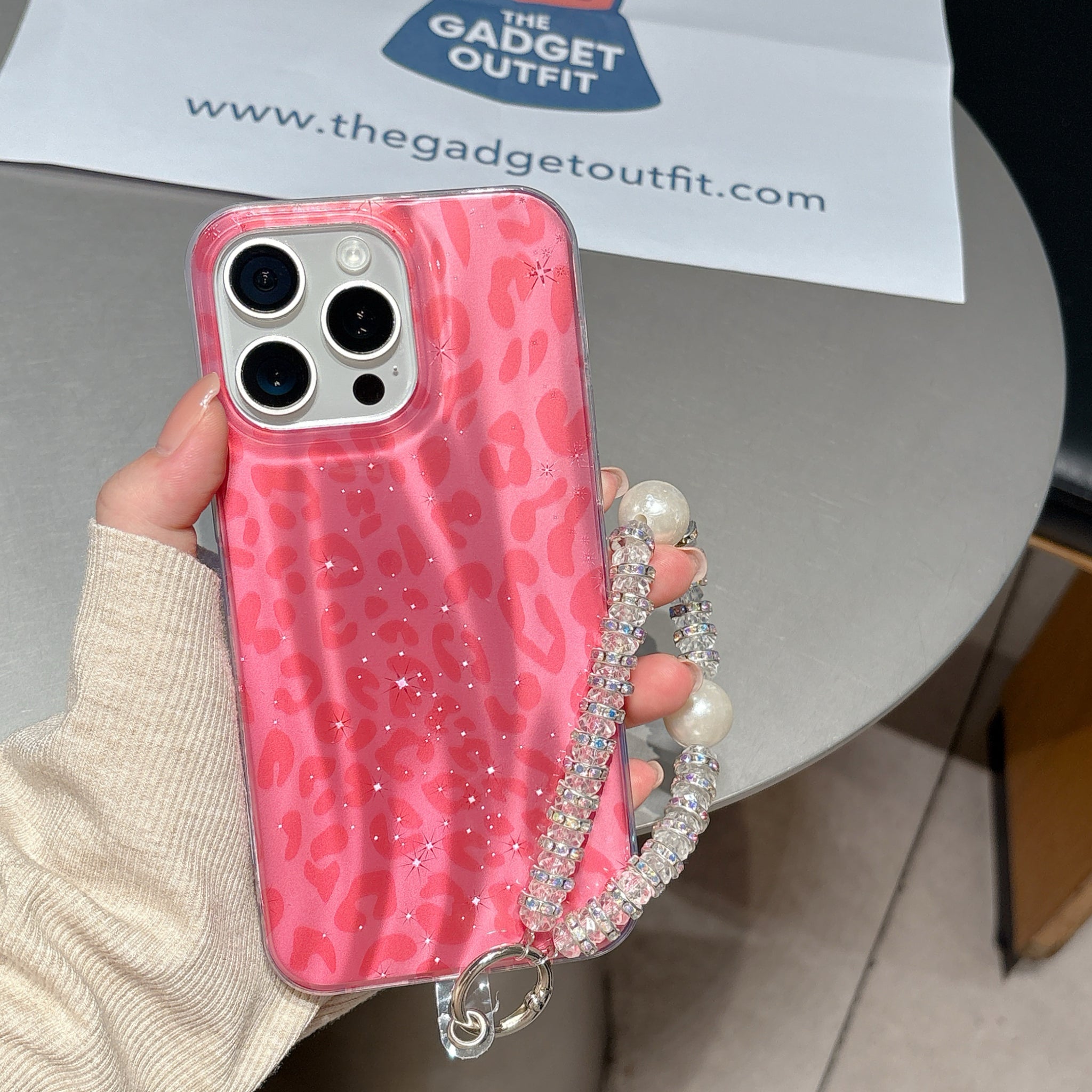 Trendy Pink Leopard iPhone Case with Shine Effect & Pearl Handle Strap