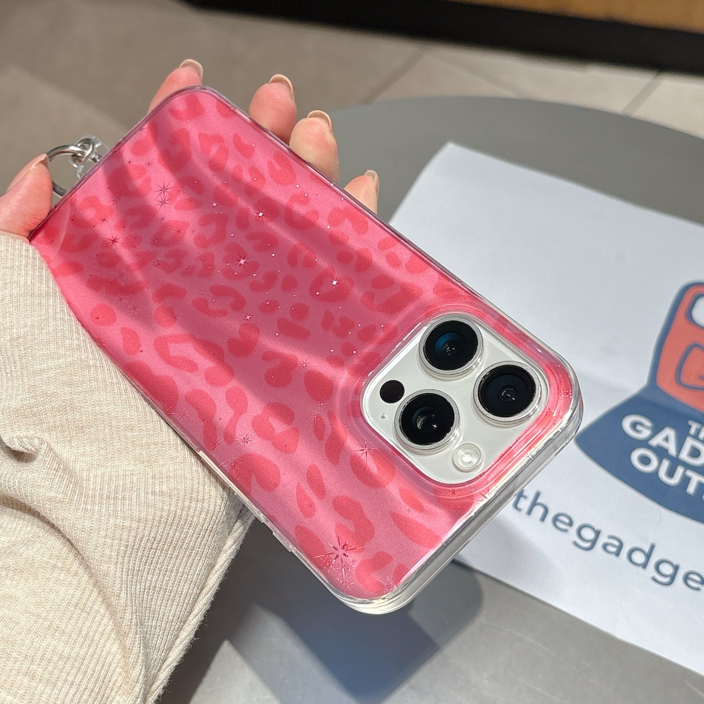 Trendy Pink Leopard iPhone Case with Shine Effect & Pearl Handle Strap