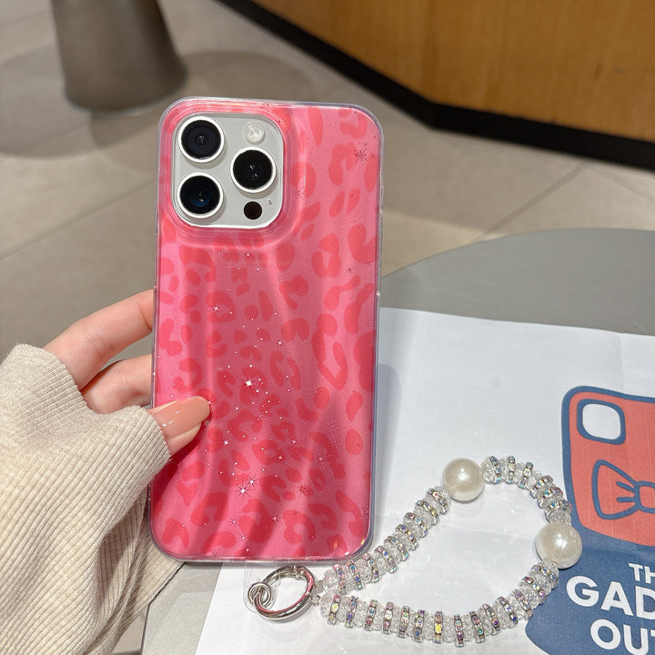 Trendy Pink Leopard iPhone Case with Shine Effect & Pearl Handle Strap