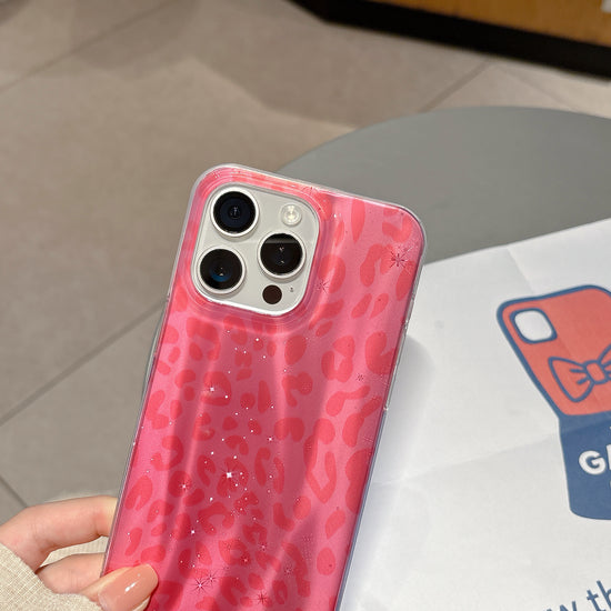 Trendy Pink Leopard iPhone Case with Shine Effect & Pearl Handle Strap