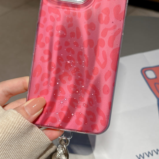Trendy Pink Leopard iPhone Case with Shine Effect & Pearl Handle Strap