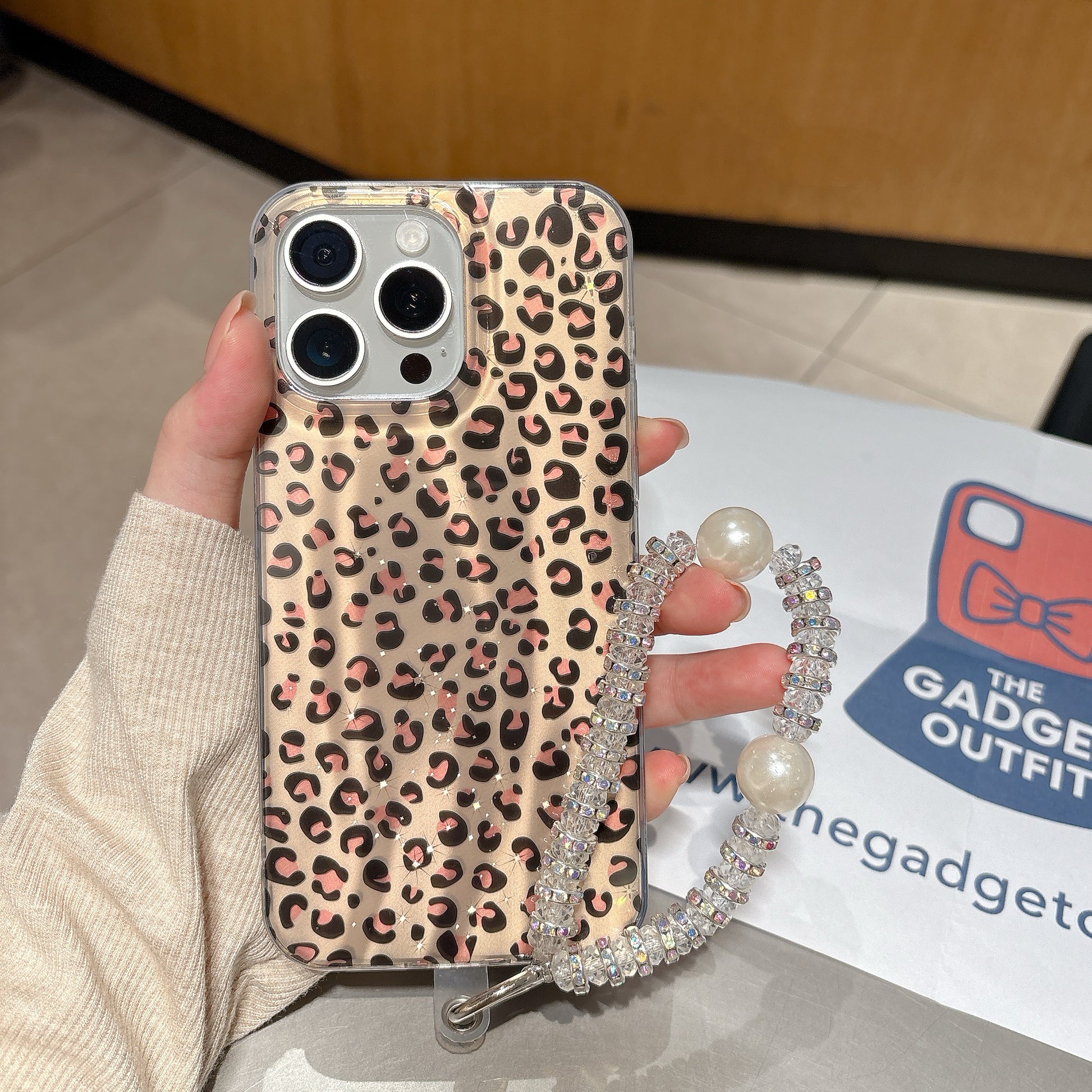 Savage Chic Leopard iPhone Case with Crystal Pearl Wrist Strap