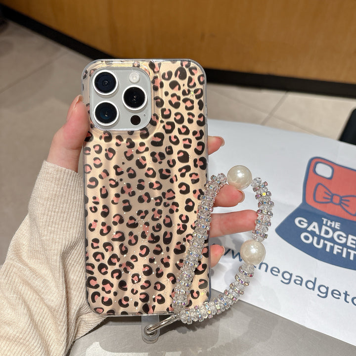 Savage Chic Leopard iPhone Case with Crystal Pearl Wrist Strap