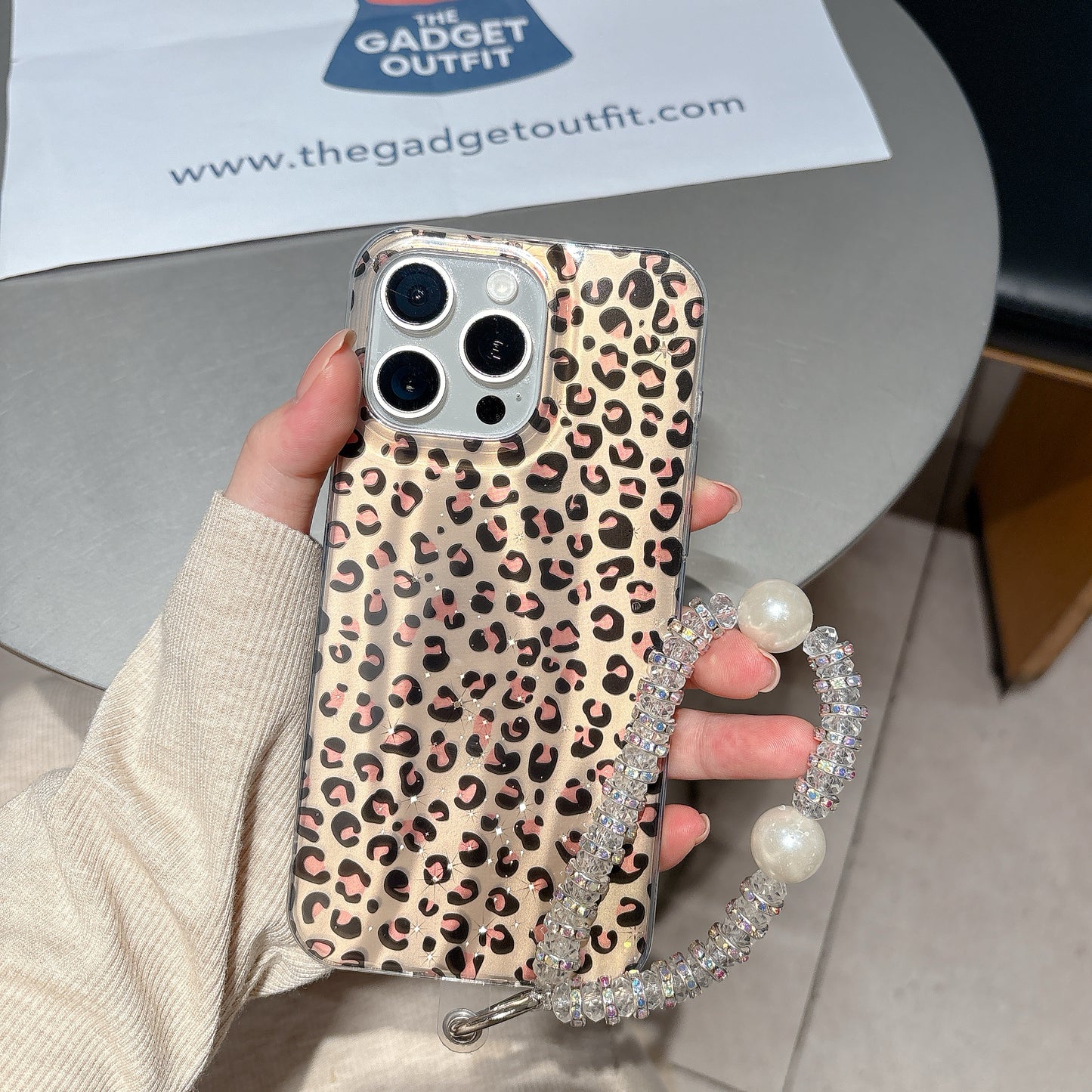Savage Chic Leopard iPhone Case with Crystal Pearl Wrist Strap
