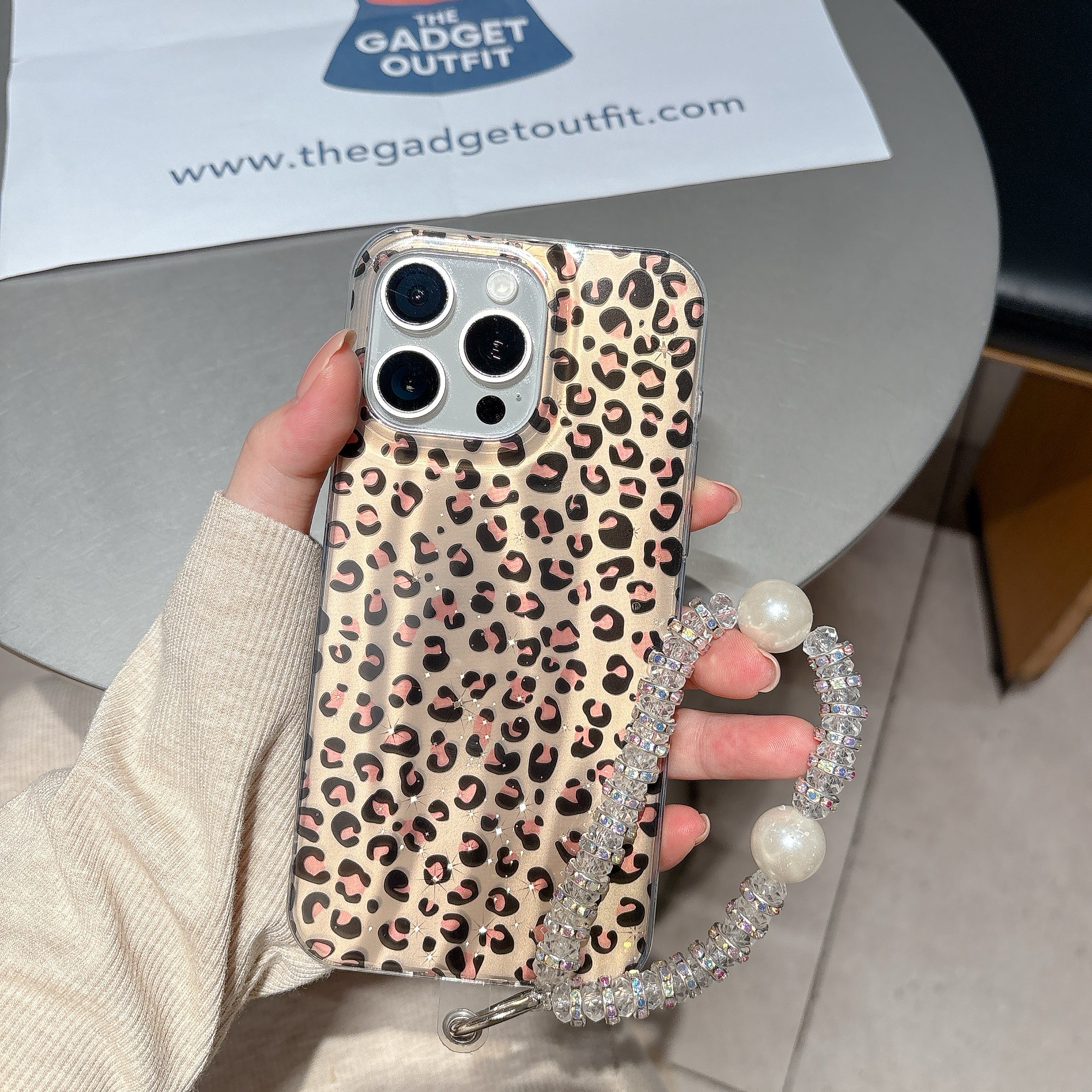 Savage Chic Leopard iPhone Case with Crystal Pearl Wrist Strap