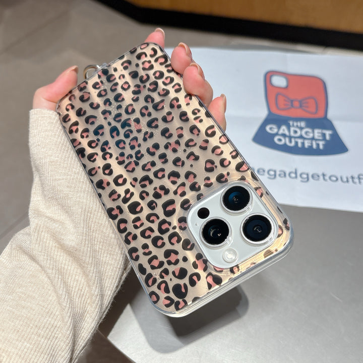 Savage Chic Leopard iPhone Case with Crystal Pearl Wrist Strap
