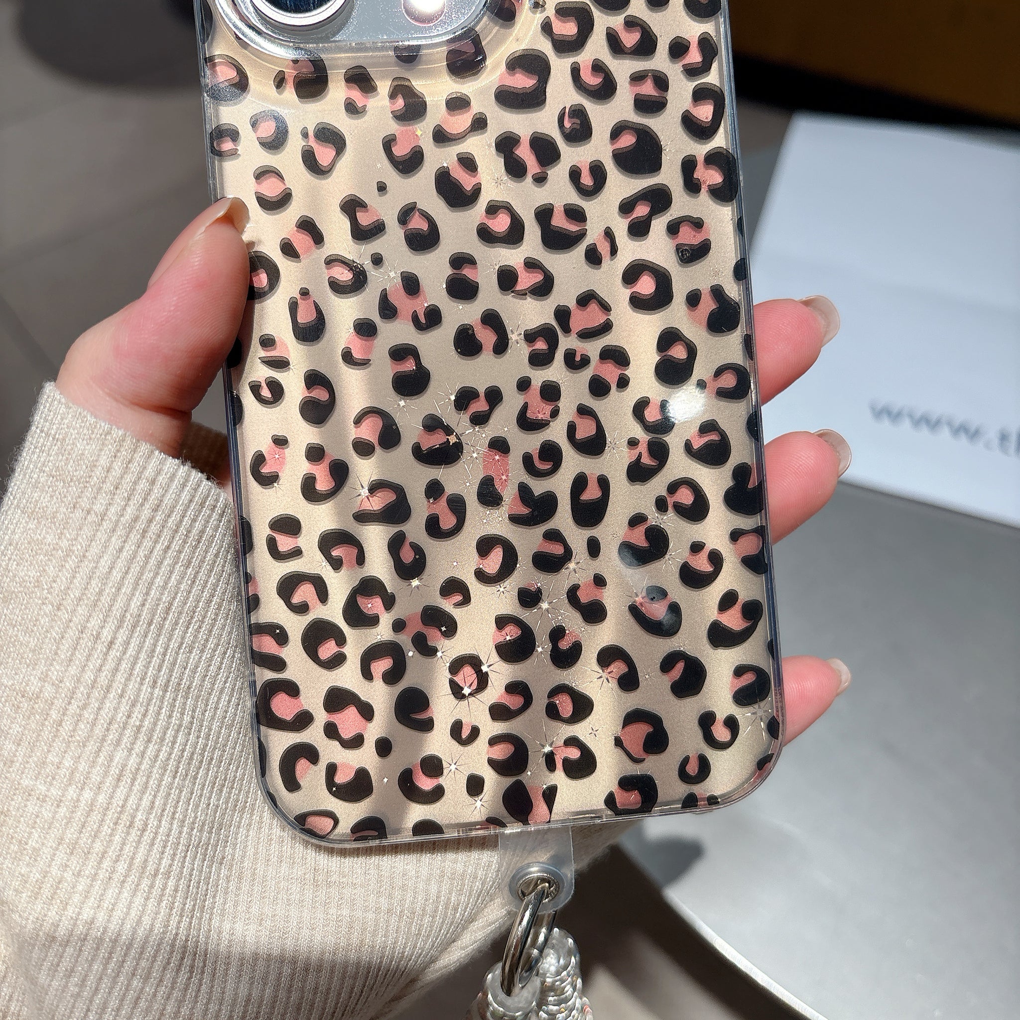Savage Chic Leopard iPhone Case with Crystal Pearl Wrist Strap