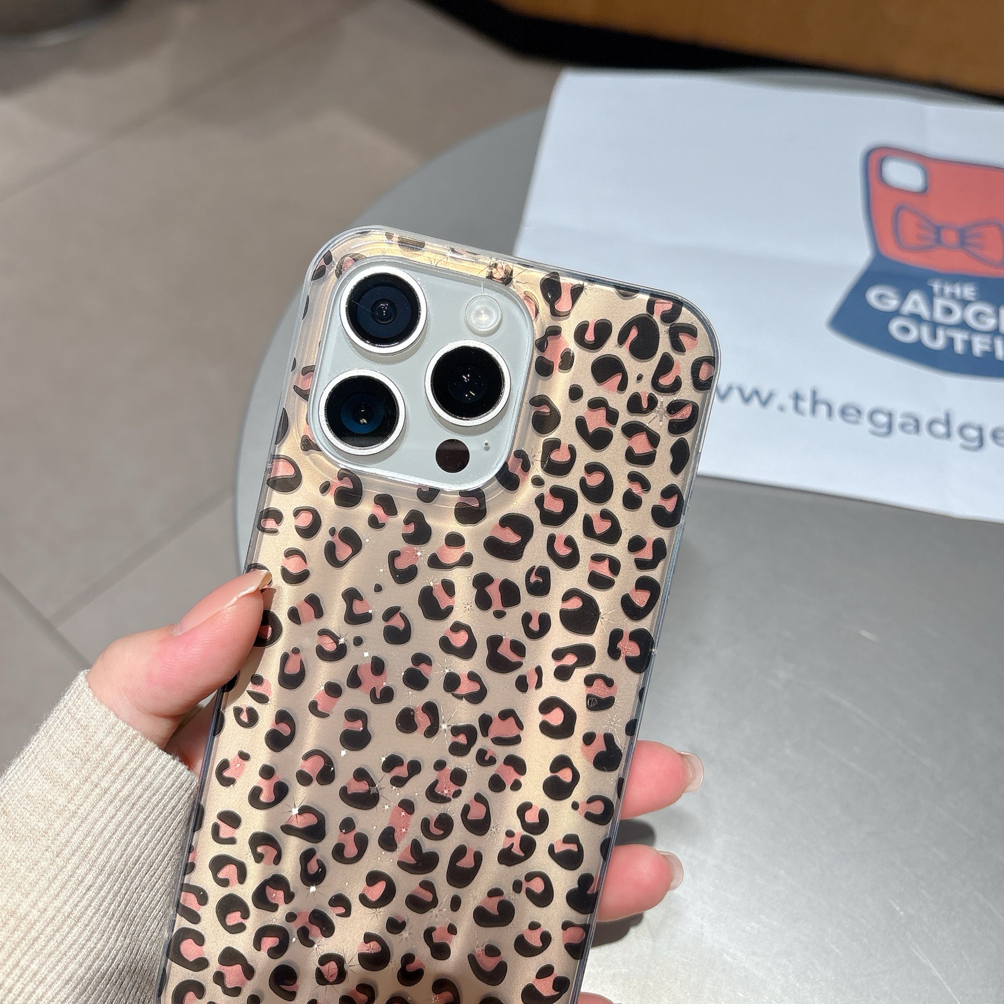 Savage Chic Leopard iPhone Case with Crystal Pearl Wrist Strap