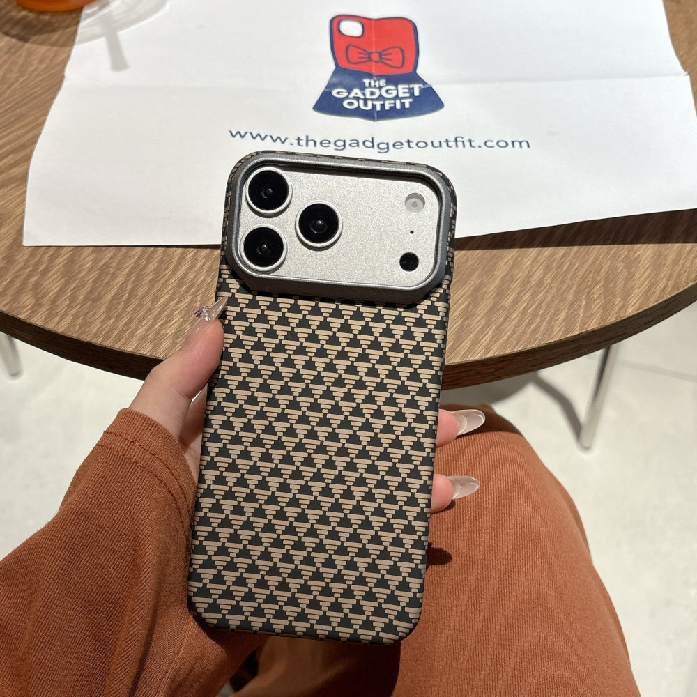 Mocha Grid Pattern iPhone Case – Elegant Brown Designer Cover for Everyday Style