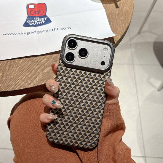 Mocha Grid Pattern iPhone Case – Elegant Brown Designer Cover for Everyday Style